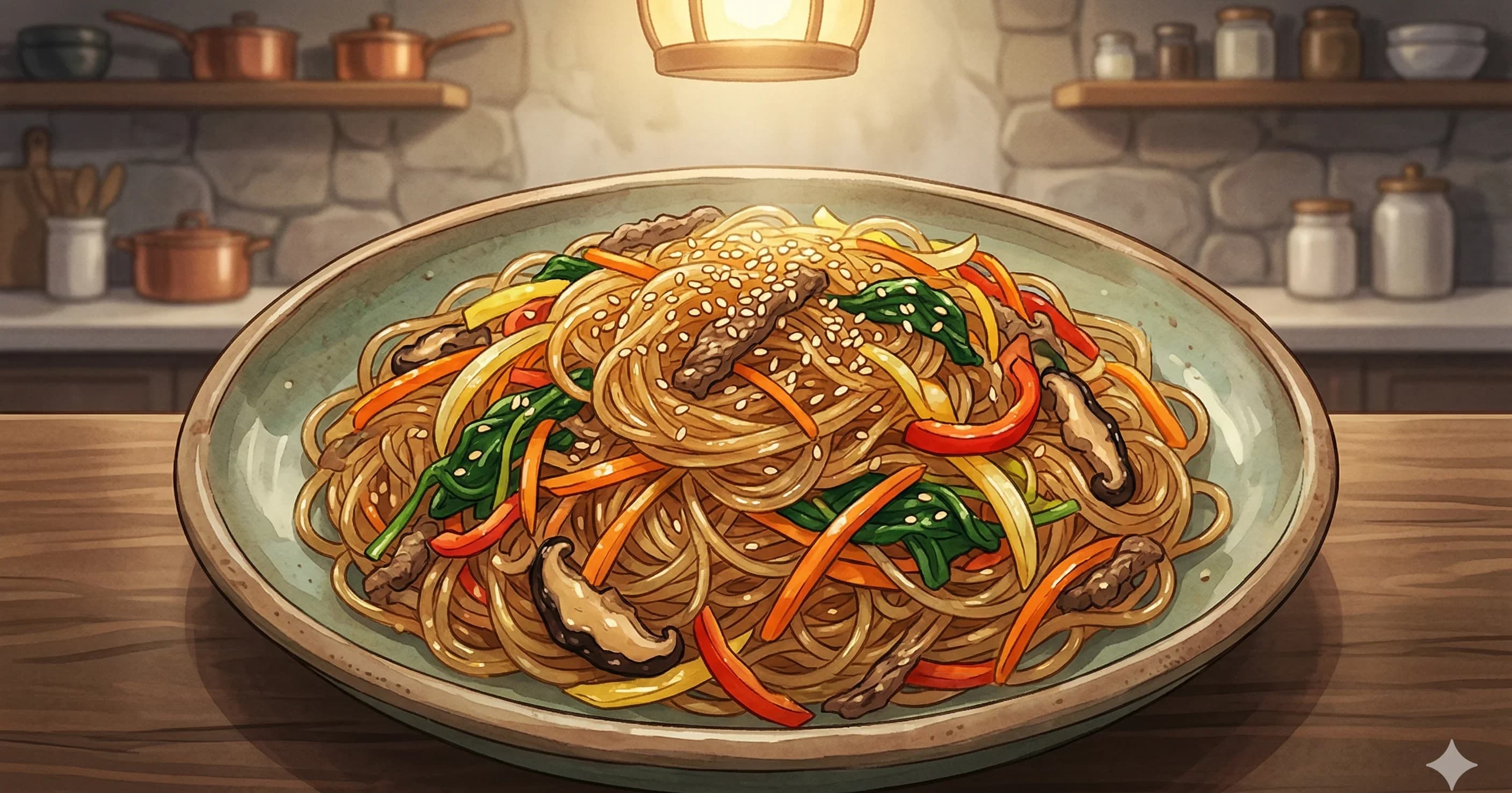 Japchae (Glass Noodles with Vegetables) — Sweet potato starch noodles stir-fried with colorful vegetables, beef, and sesame oil