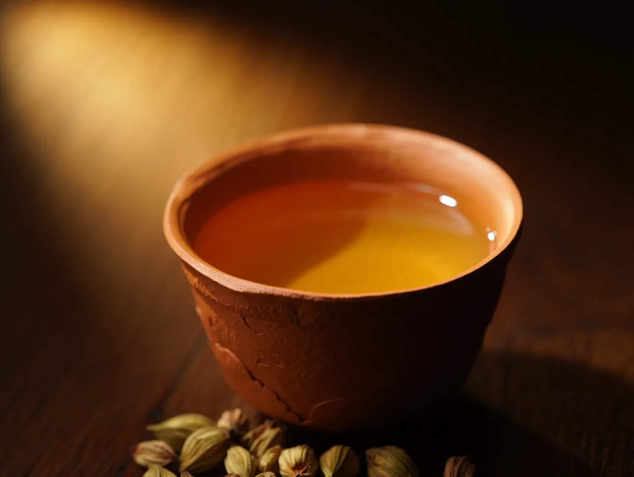 A clay cup of hot tea with cardamom pods scattered at its base