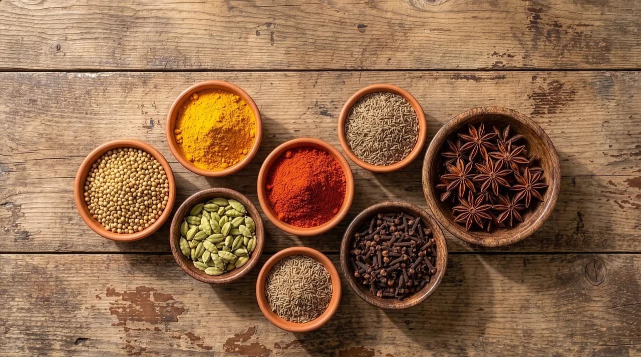 Clay bowls of whole and ground spices on a wooden table, including turmeric, chili, cardamom, cloves and star anise