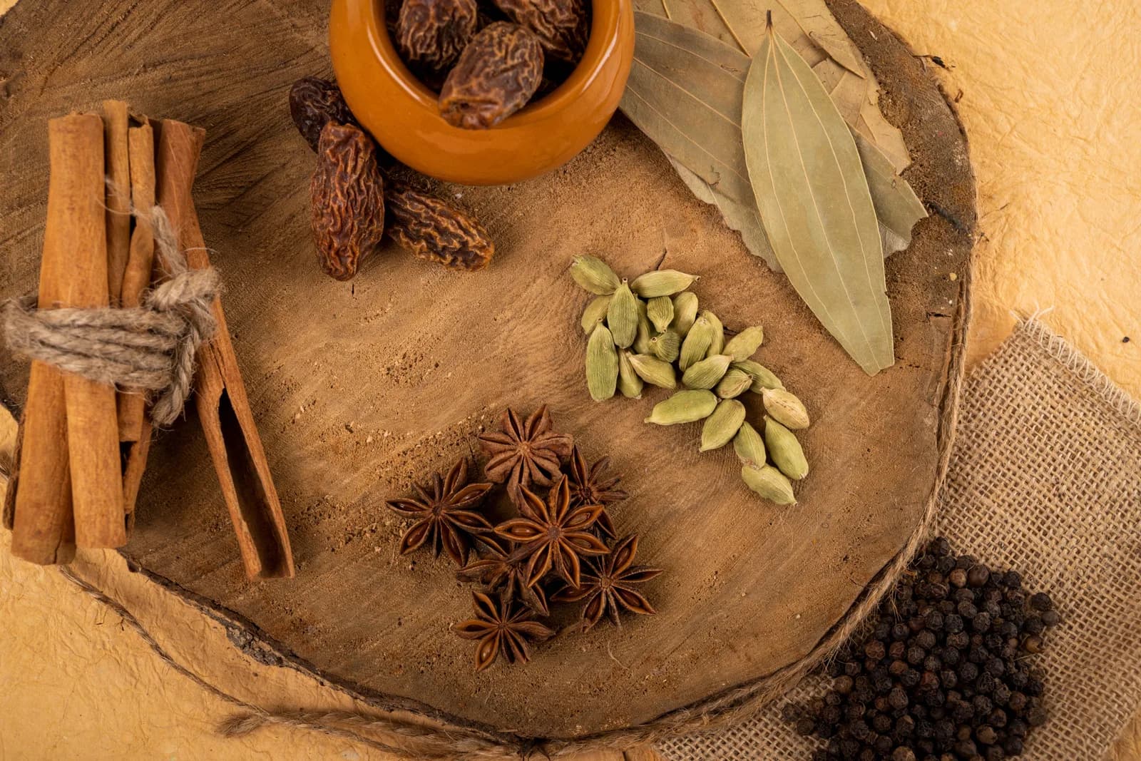 Cinnamon sticks, green and black cardamom, star anise, bay leaves and black peppercorns on a wooden board