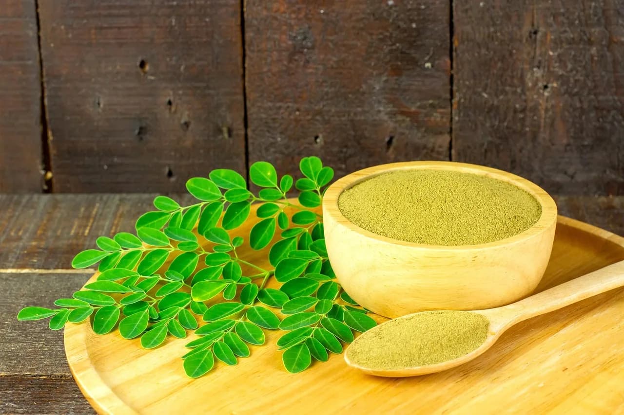 A wooden bowl and spoon of green moringa powder next to a sprig of fresh moringa leaves