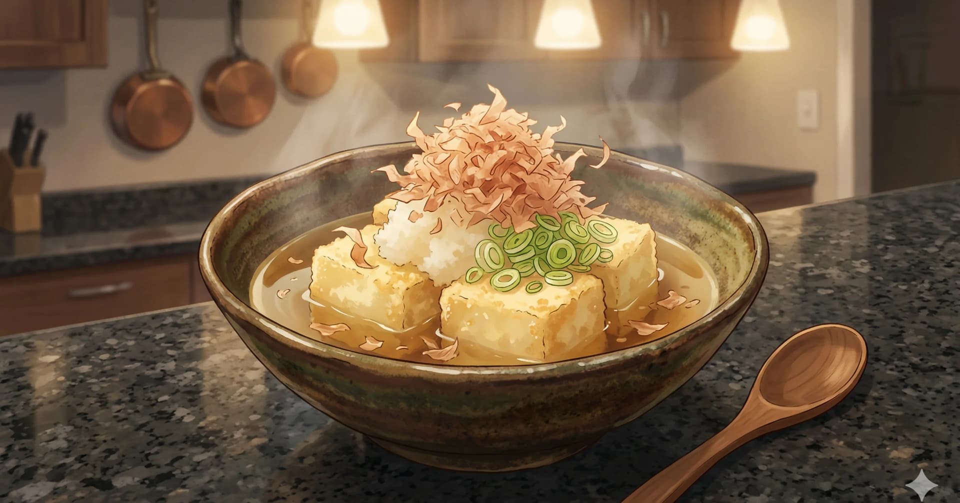 Agedashi Tofu (Fried Tofu in Dashi Broth) — Silken tofu dusted in potato starch and fried until golden, served in a warm pool of dashi-soy broth with grated daikon and ginger