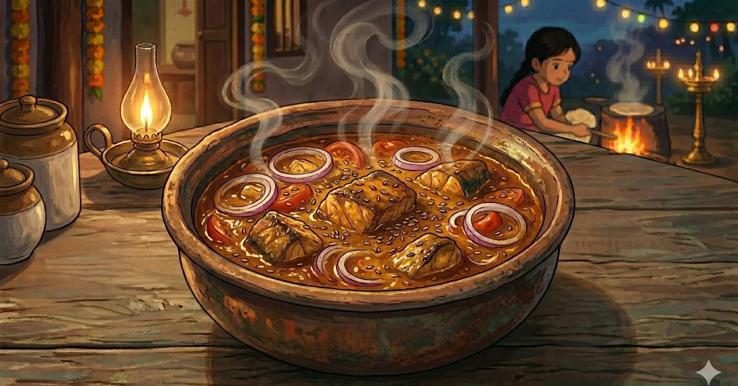 Ajwaini Machi Curry — Punjabi fish curry with carom seeds, besan-coated fried fish in a tomato-onion masala