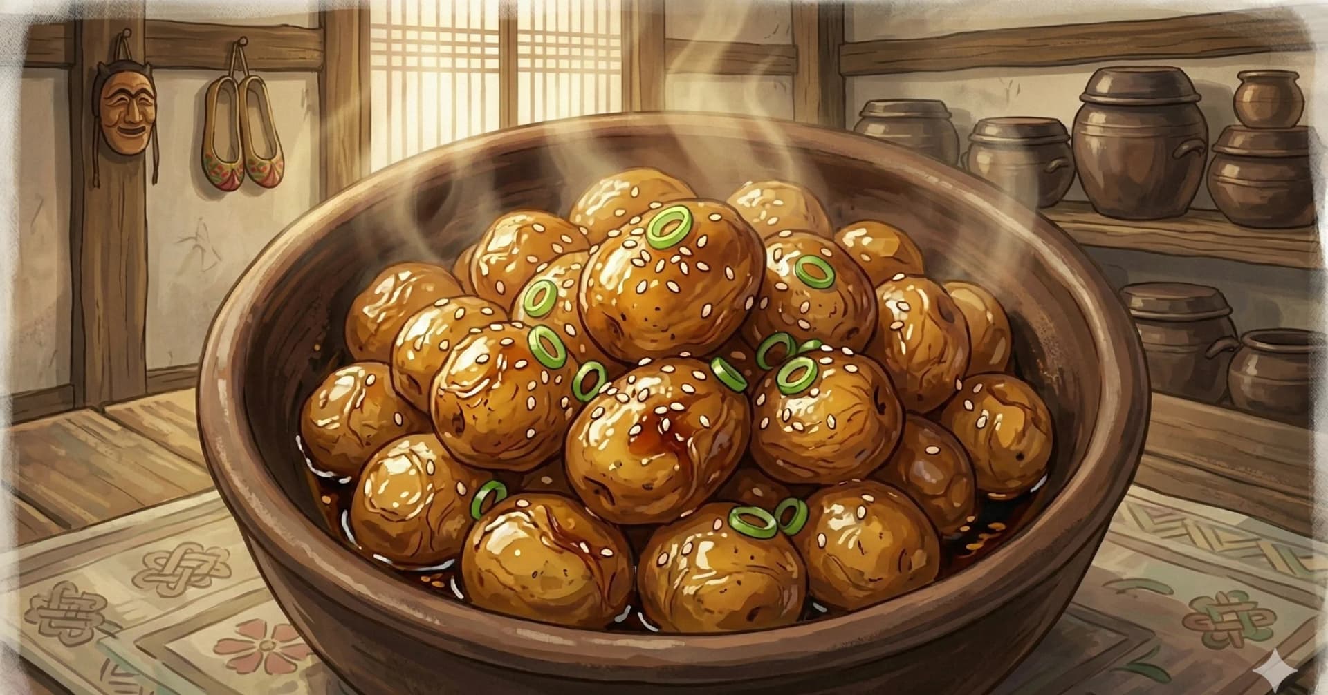 Braised Baby Potatoes (Algamja-jorim / 알감자조림) — Baby potatoes boiled, pan-fried until wrinkled, and glazed in soy sauce and rice syrup