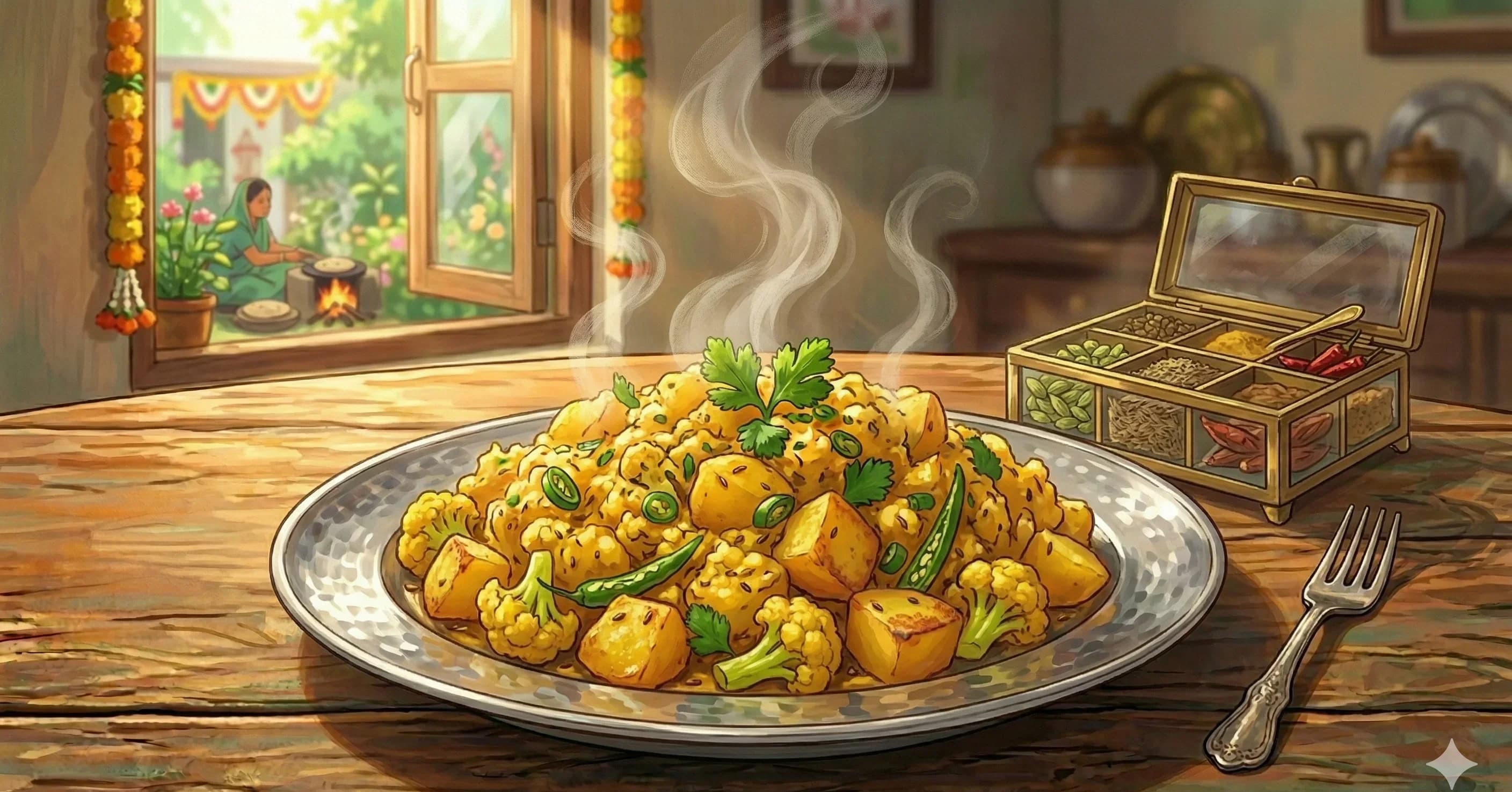 Aloo Gobi — Cauliflower and potato dry-fried with cumin and coriander