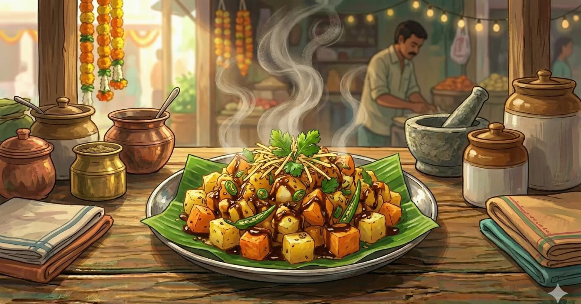 Potato & Sweet Potato Chaat (Aloo Shakarkandi Ki Chaat) — Golden-fried potato and sweet potato tossed in ghee with tamarind, black salt, and saunth chutney