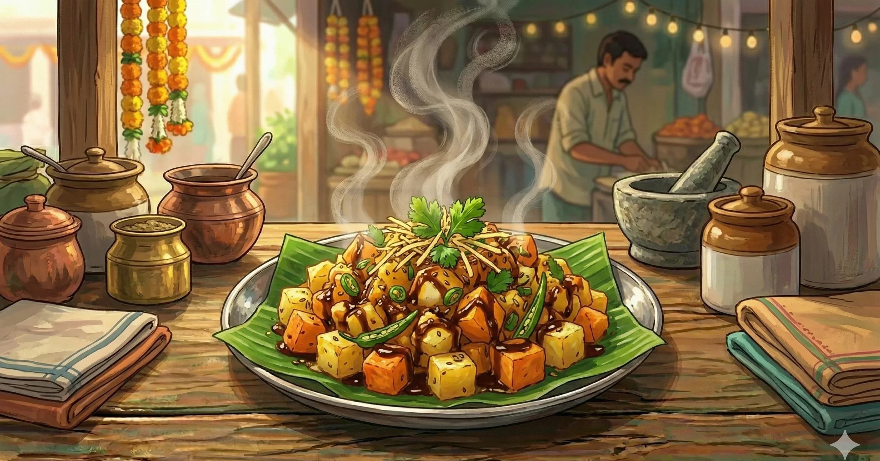 Aloo Shakarkandi Ki Chaat — Golden-fried potato and sweet potato tossed in ghee with tamarind, black salt, and saunth chutney