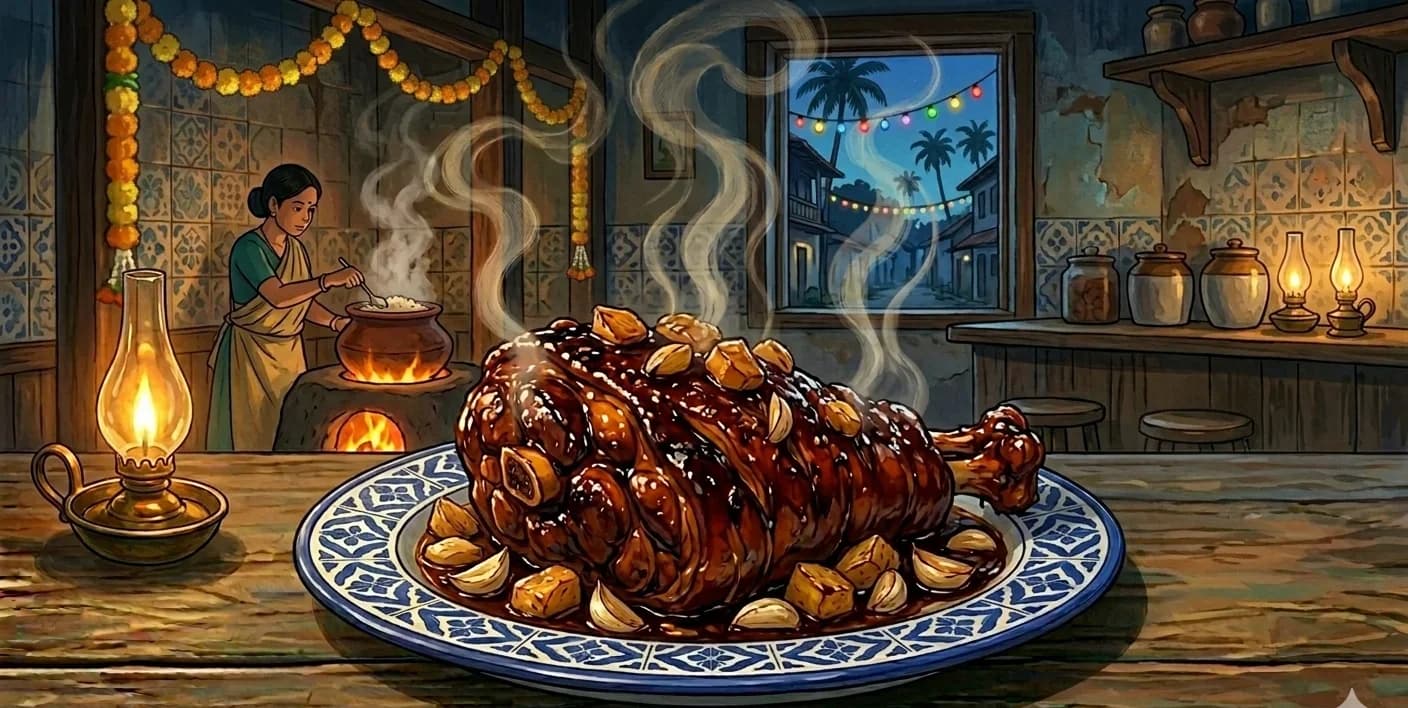 Roast Suckling Pig (Asada de Leitão) — Portuguese-Goan slow-roasted pork leg with a spiced jaggery paste — a dish for celebrations