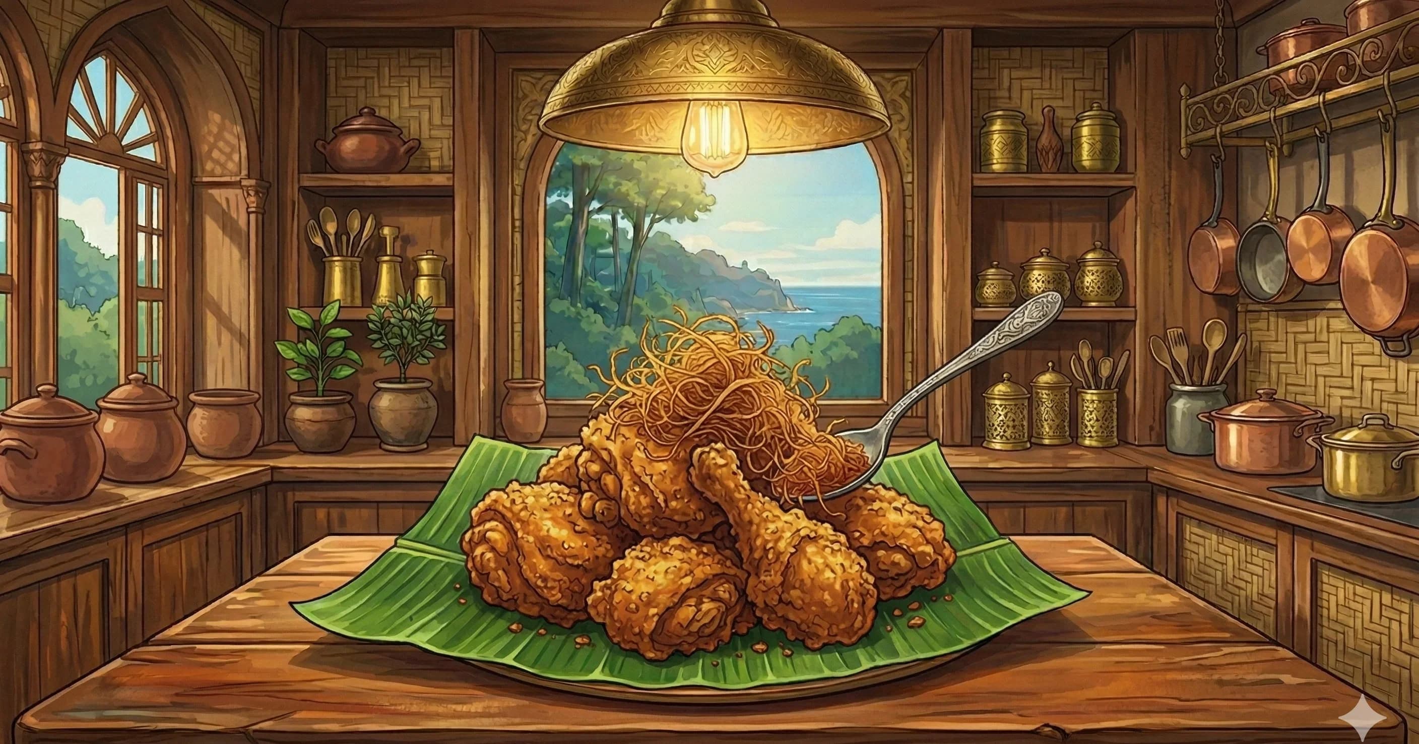 Ayam Goreng Lengkuas (Galangal Fried Chicken) — Sundanese double-cooked fried chicken braised in a galangal-rich spice paste, then deep-fried until golden and topped with crispy galangal floss