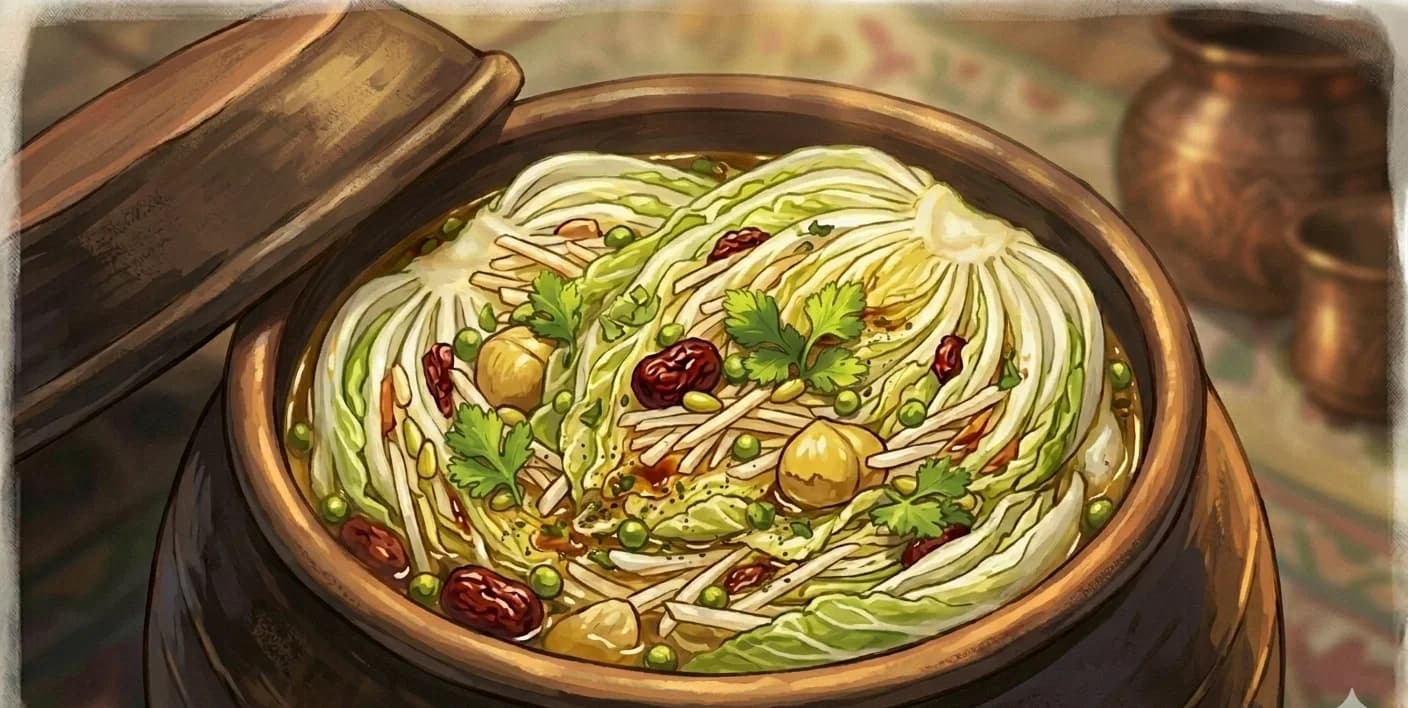 Baek Kimchi (White Kimchi) — A non-spicy fermented napa cabbage kimchi filled with jujubes, chestnuts, pine nuts, and fresh vegetables