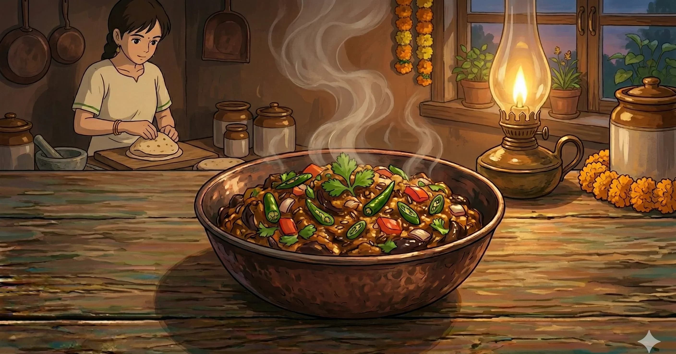 Baingan Ka Bhartha — Tandoor-roasted aubergine mashed with spiced tomato and onion