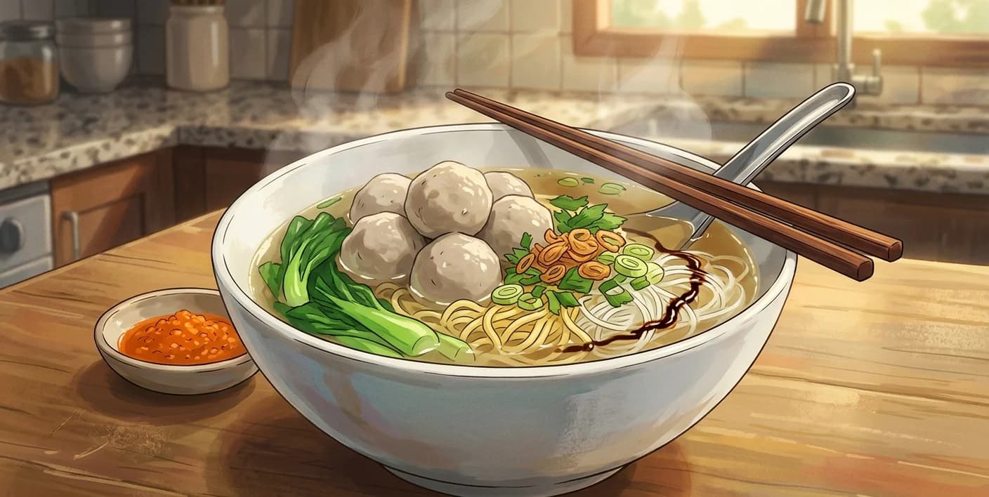 Bakso (Indonesian Beef Meatball Soup) — Springy beef meatballs in a clear garlic and white pepper broth, served with noodles, greens, sambal, and kecap manis