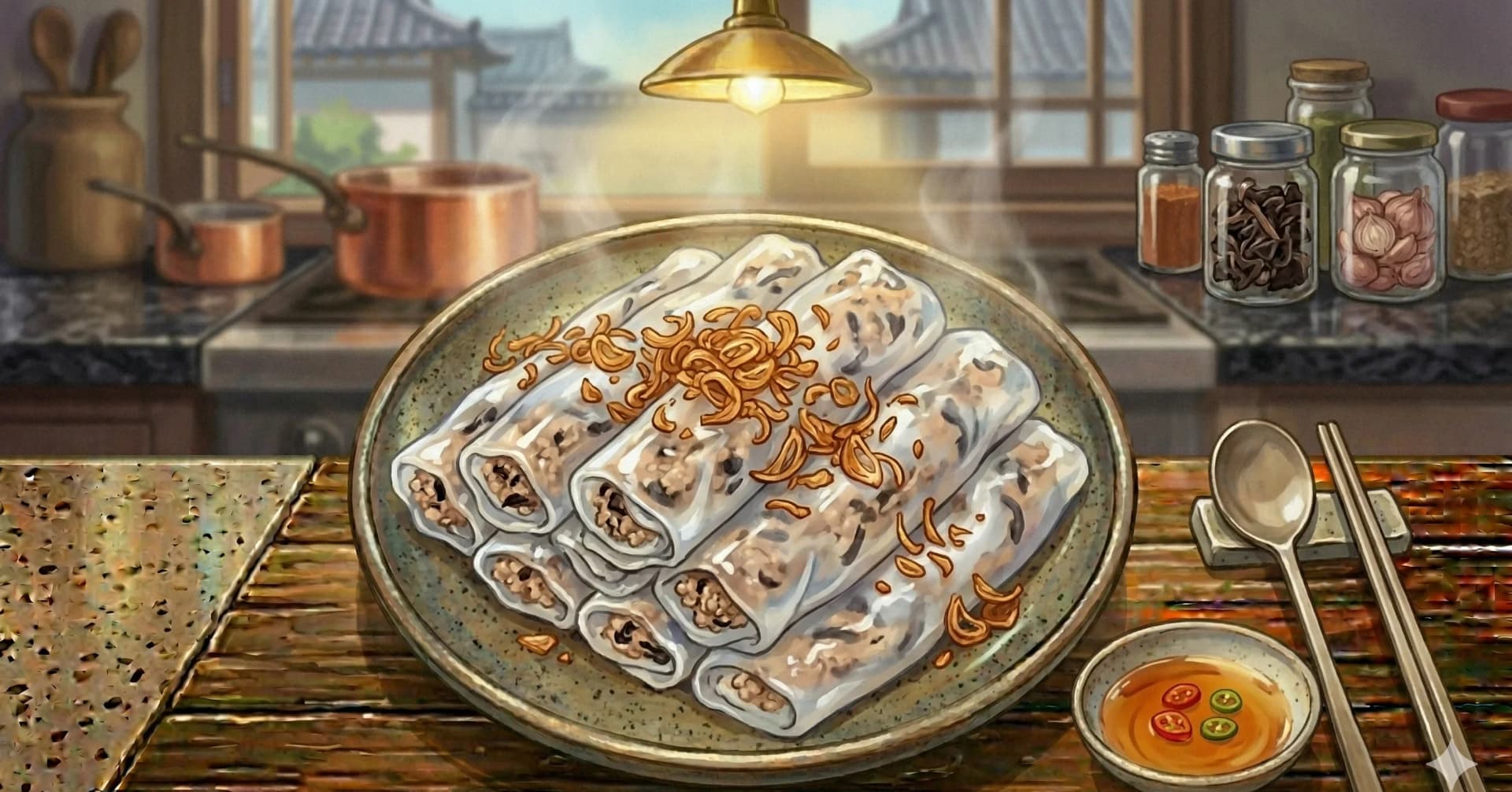 Steamed Rice Rolls (Bánh Cuốn) — Silky steamed rice crepes filled with seasoned pork and wood ear mushrooms, served with herbs and dipping sauce