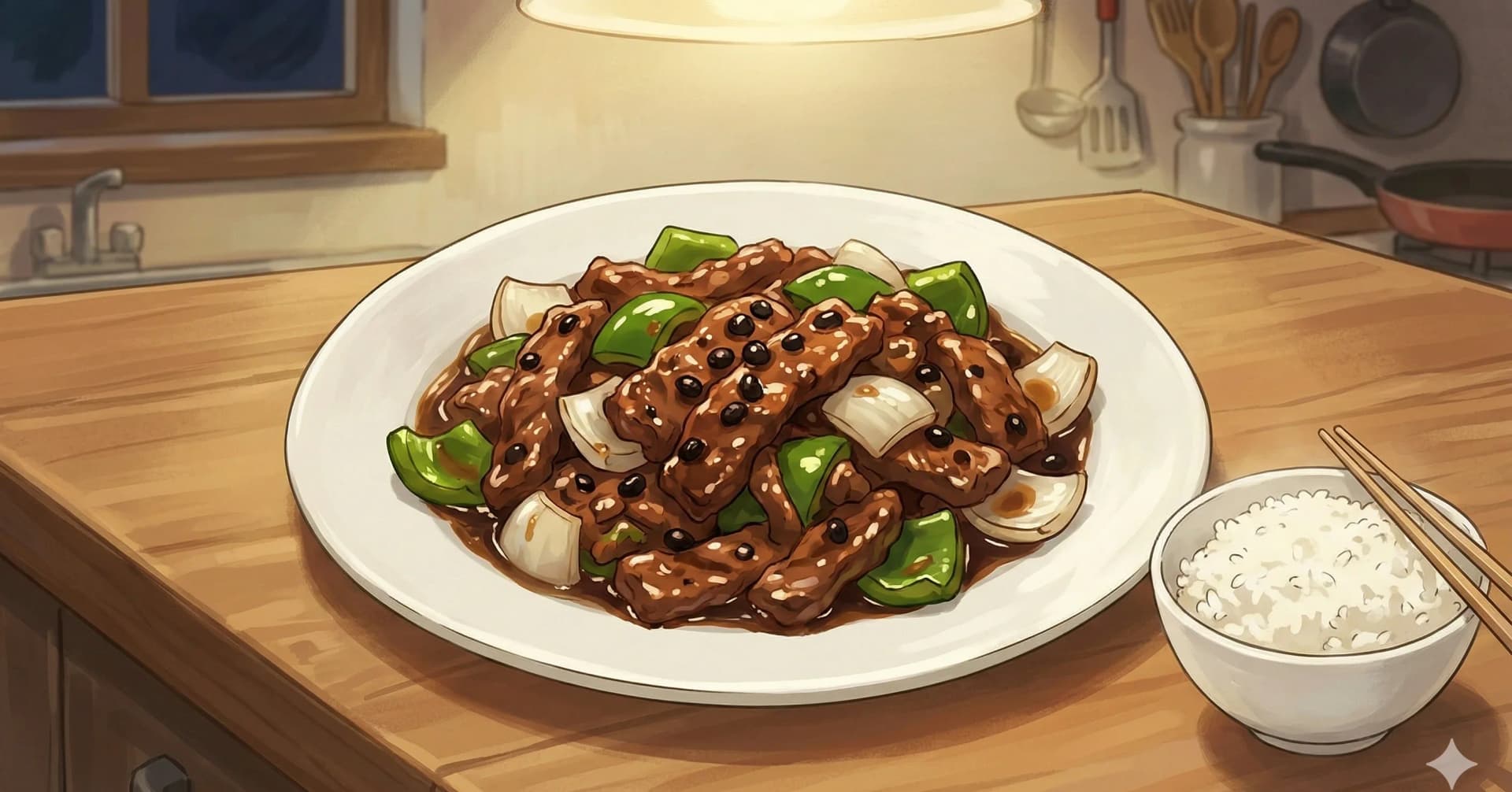 Carne con Salsa de Frijoles Negros (豉汁牛肉) — Carne velveteada sellada en un wok caliente con frijoles negros fermentados, ajo, pimiento morrón y cebolla en una salsa brillante de maicena
