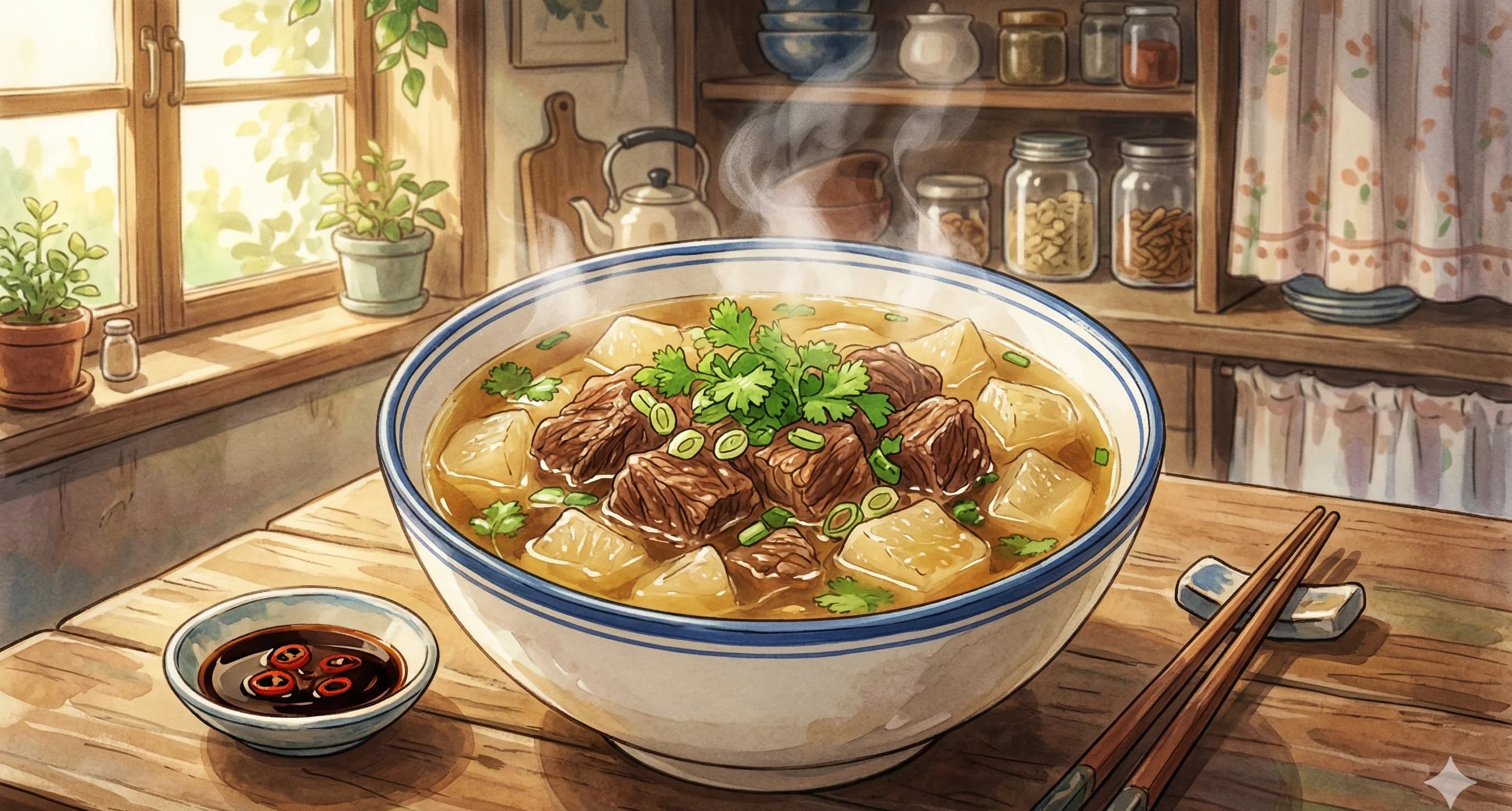 Beef Brisket Soup (清湯牛腩) — Cantonese clear broth soup with tender brisket, daikon radish, star anise, Sichuan peppercorn, and dried mandarin peel, served with a chili-soy dip