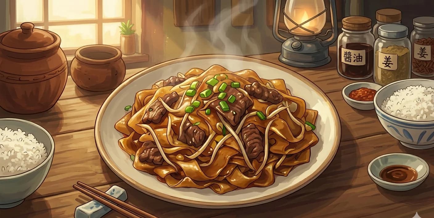 Gan Chao Niu He (Beef Chow Fun) — Cantonese stir-fried wide rice noodles with tender beef, bean sprouts, and soy sauce over fierce wok heat