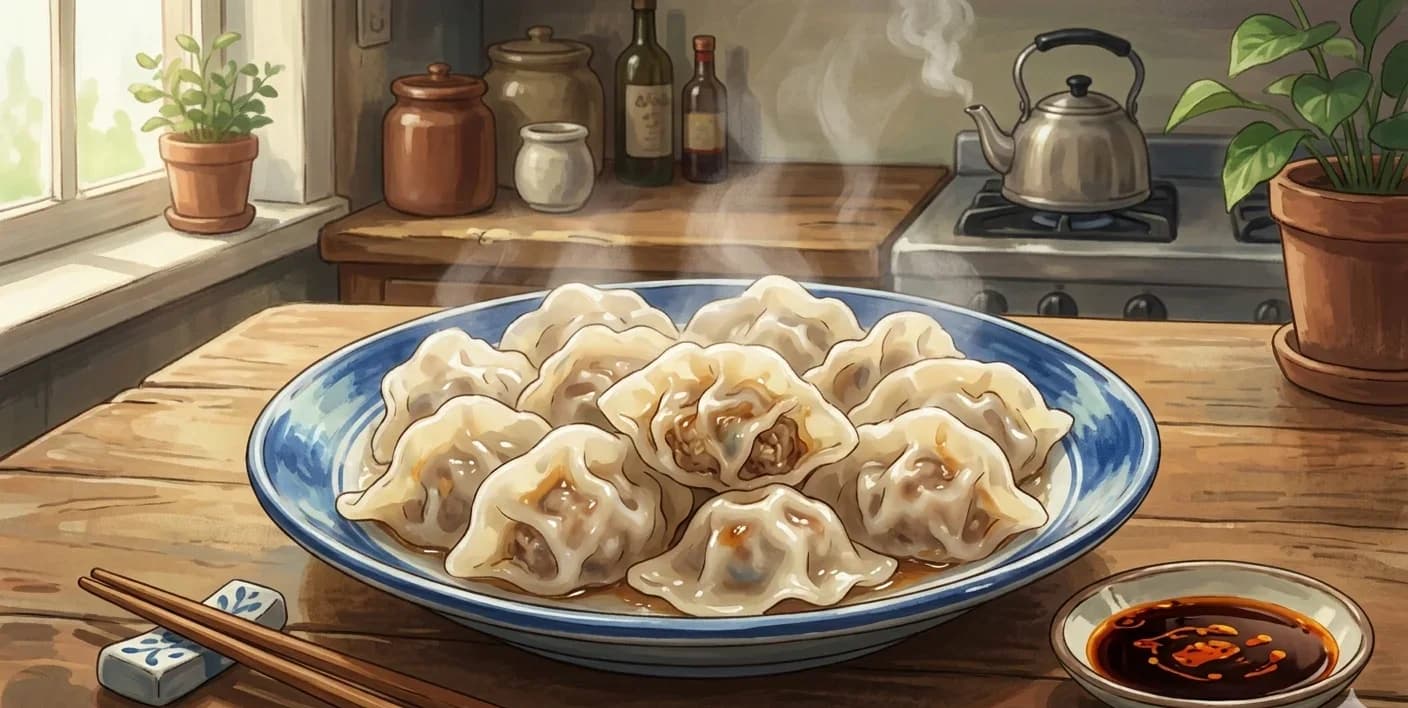 Niu Rou Yang Cong Jiaozi (Beef and Onion Dumplings) — Northern Chinese dumplings filled with seasoned beef, onion, and a hint of cumin and Sichuan peppercorn