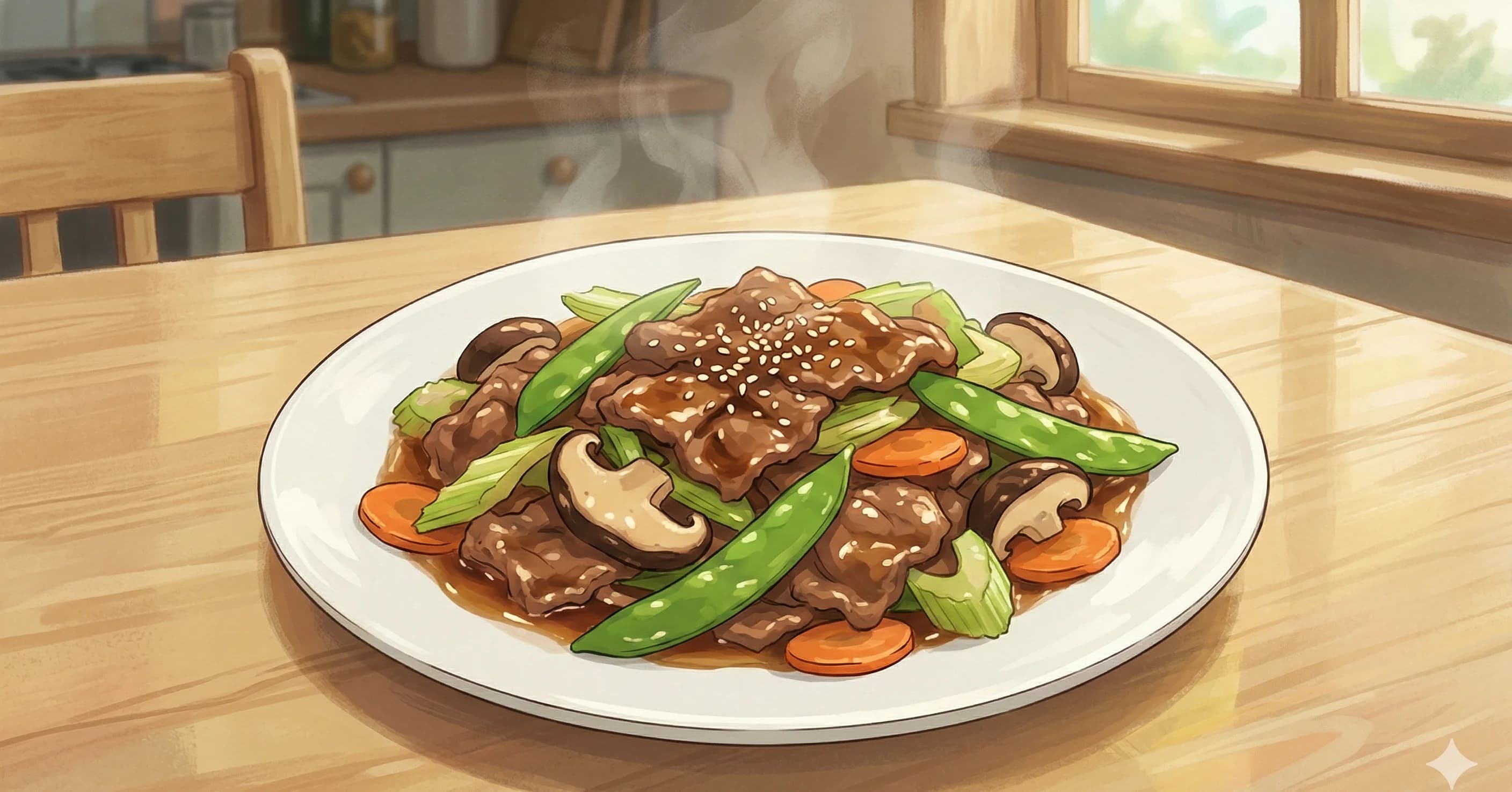 Beef with Oyster Sauce (蠔油牛肉) — Velveted beef stir-fried with snow peas, celery, mushrooms, and carrots in a savory oyster sauce finished with dark soy