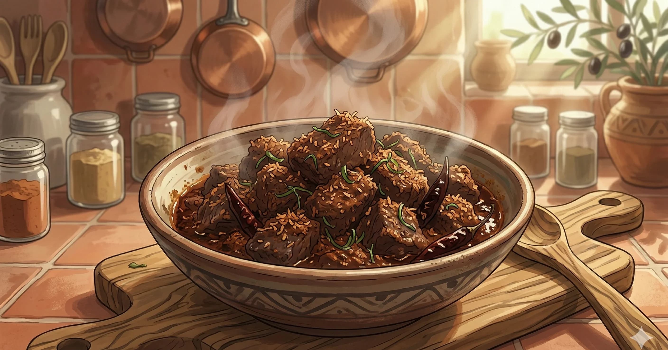Rendang de Res (Rendang Daging) — Un estofado de res en coco con especias intensas de la tradición minangkabau, cocinado lentamente hasta que la carne queda tierna y lacada en una pasta oscura y aromática de chiles, limoncillo, galangal y coco tostado