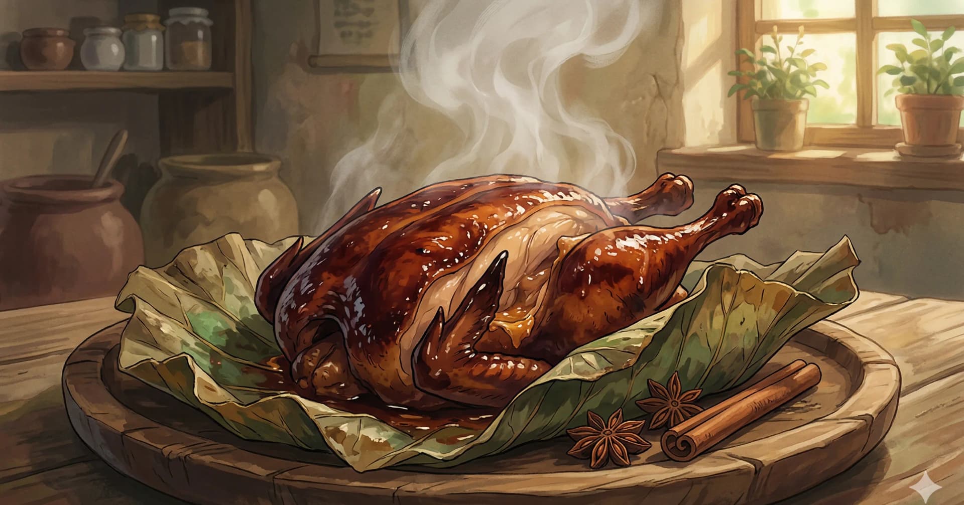 Jiao Hua Ji (Pollo del Mendigo) — Un pollo entero envuelto en hojas de loto y horneado en arcilla hasta quedar extraordinariamente tierno y aromático