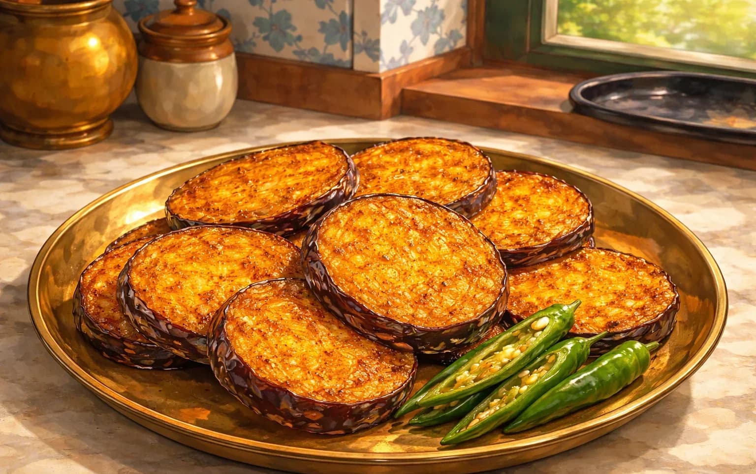 Fried Eggplant Slices (Begun Bhaja) — Pan-fried aubergine slices — crisp-edged, spiced, and deeply satisfying
