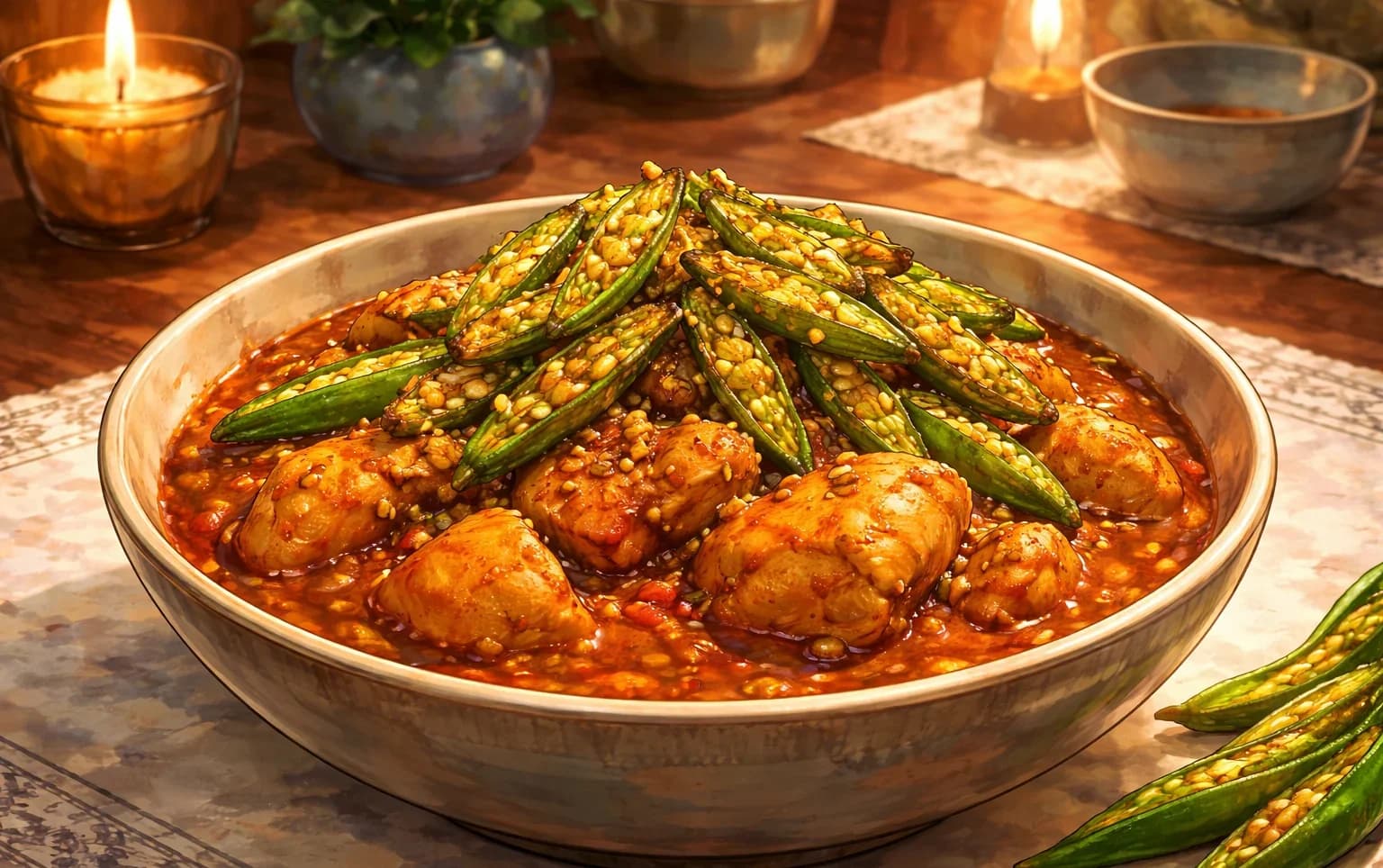 Bheeda Ma Murgi — Parsi chicken with okra — a tangy, whole-spice curry with crisp-fried okra on top