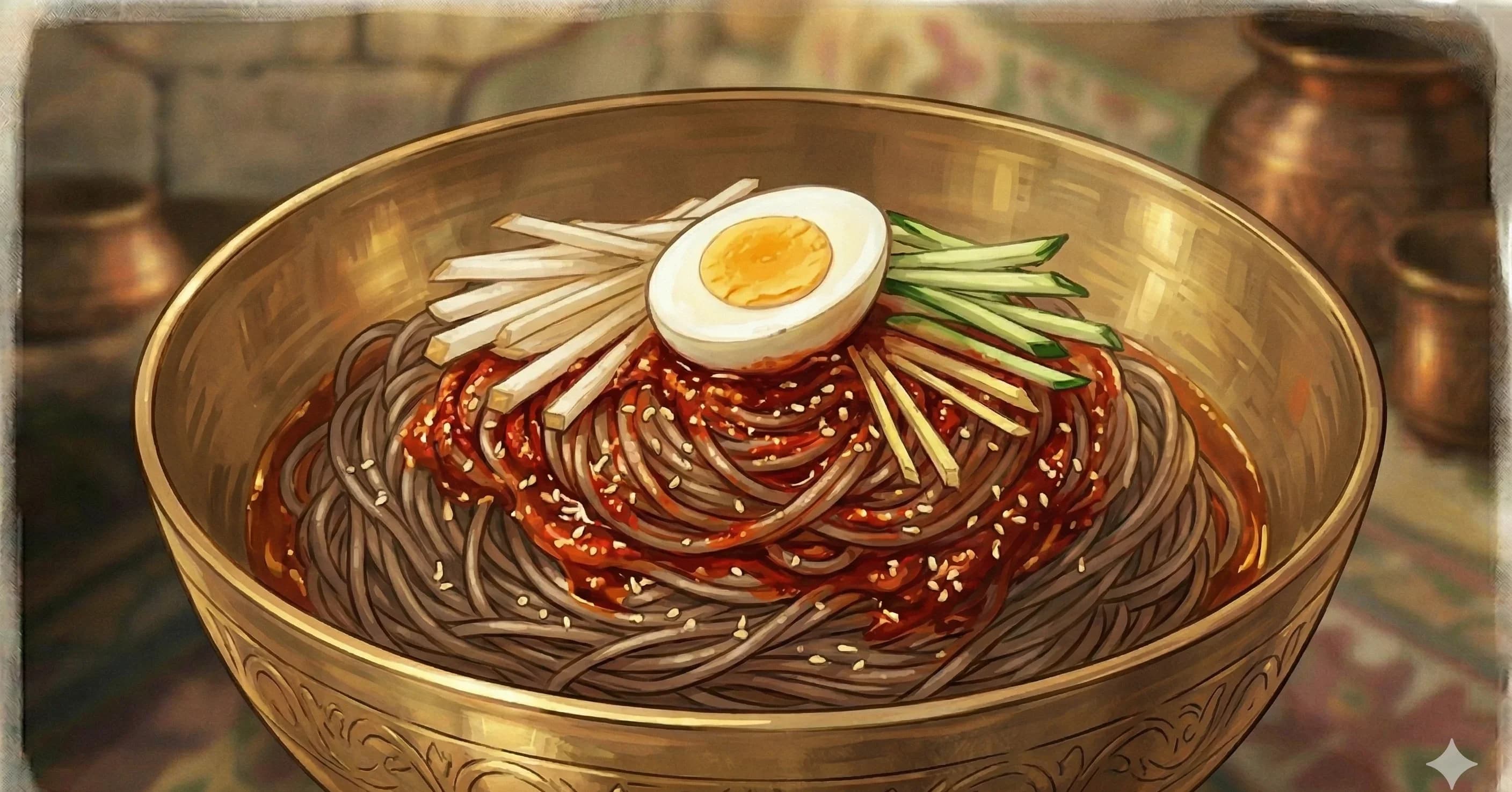 Bibim Naengmyeon (Spicy Mixed Cold Noodles) — Chewy buckwheat noodles tossed in a fiery, sweet-sour gochujang sauce and topped with a hard-boiled egg