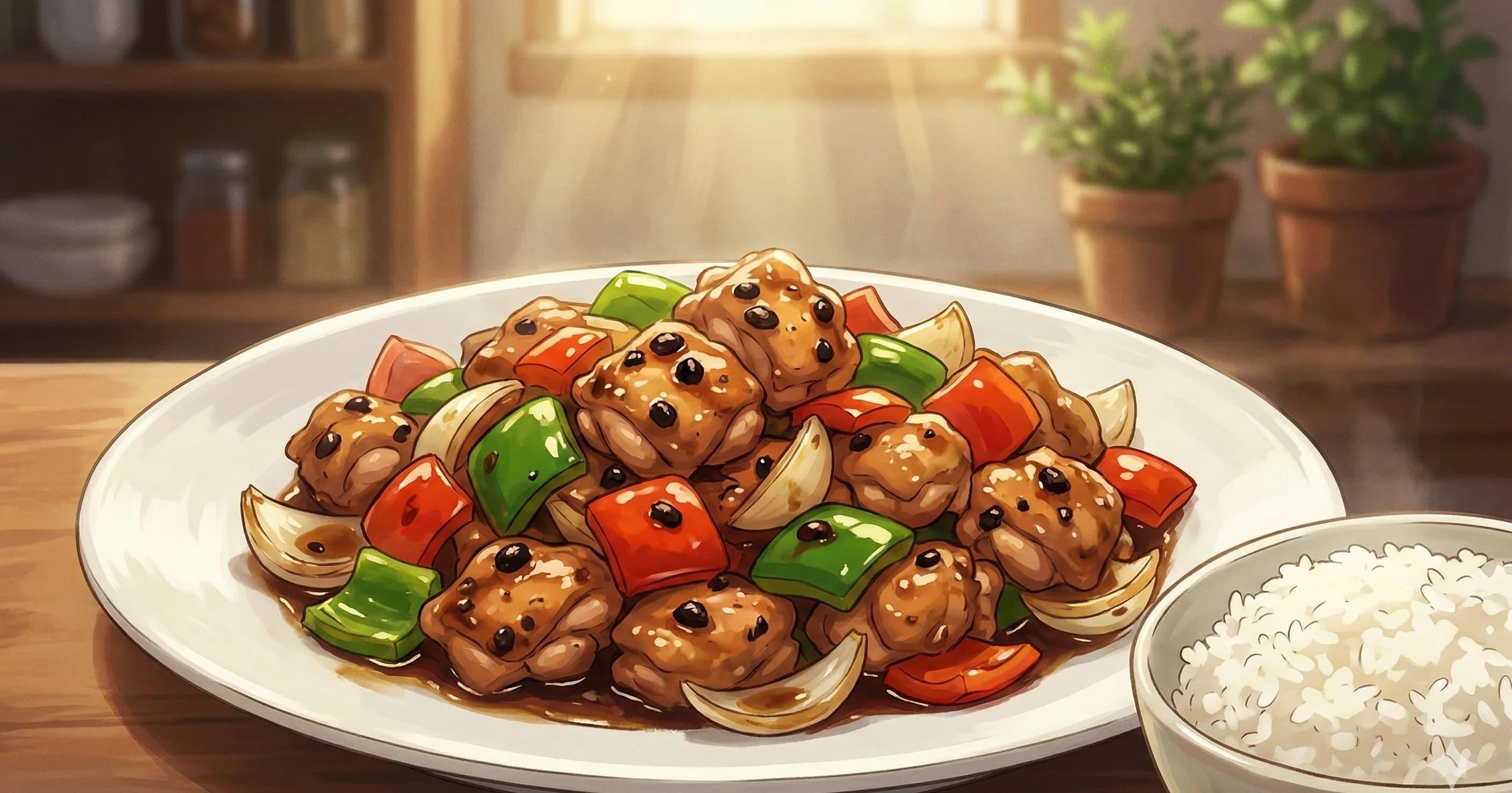 Black Bean Chicken — Tender chicken stir-fried with fermented black beans, bell peppers, and onion in a savory, slightly sweet Cantonese sauce