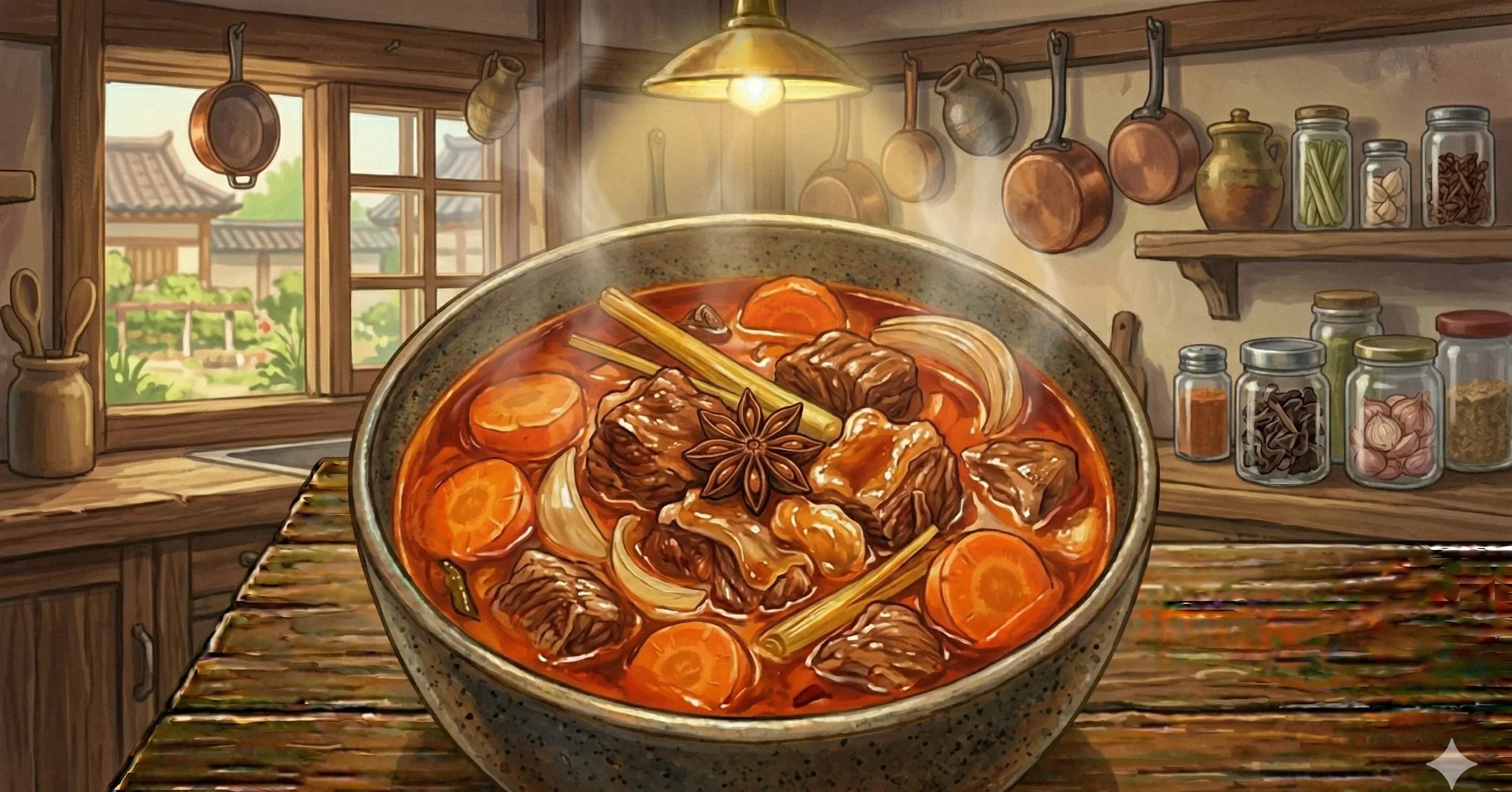 Bo Kho (Estofado Vietnamita de Res) — Un fragante estofado de res vietnamita de color óxido, braseado con hierba limón, anís estrella y canela en un caldo con toque de tomate, servido con pan crujiente o fideos de arroz