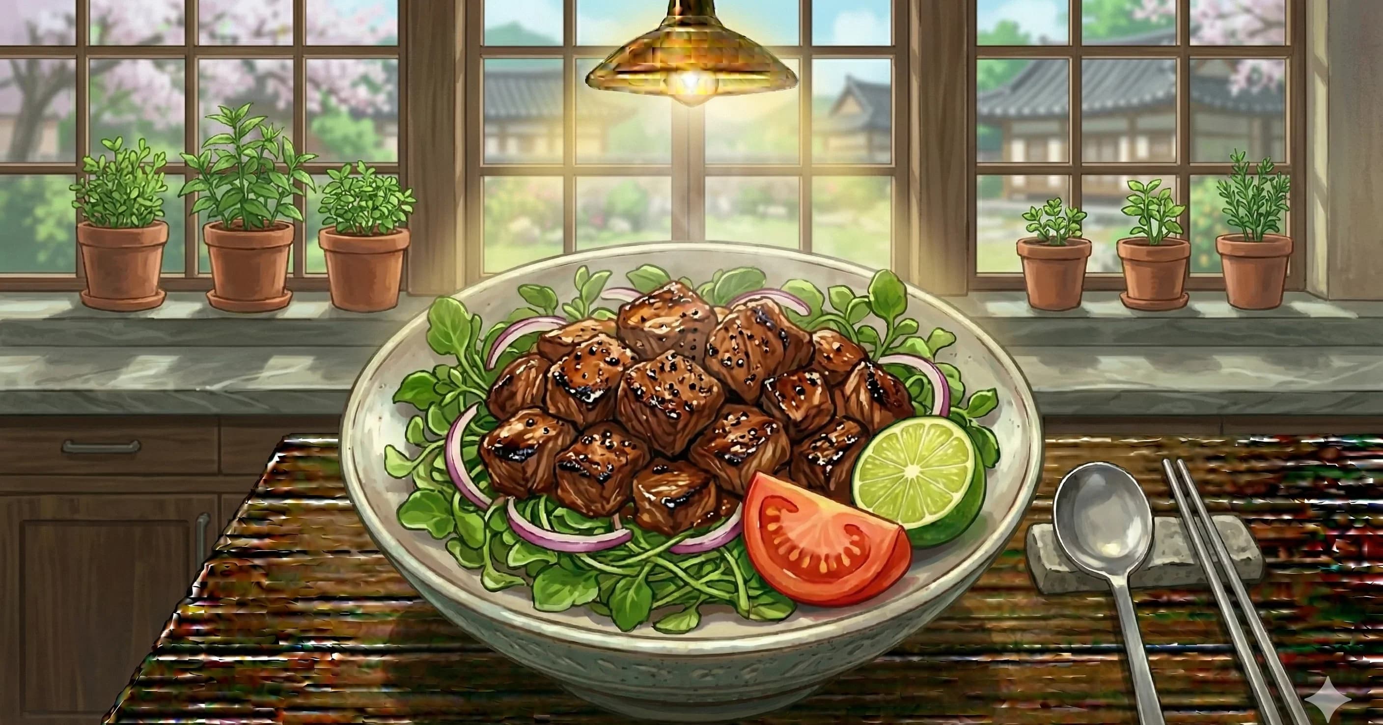 Bo Luc Lac (Bò Lúc Lắc) — Seared cubes of marinated beef tossed in a sizzling wok, served on a bed of watercress with a lime-pepper dipping sauce