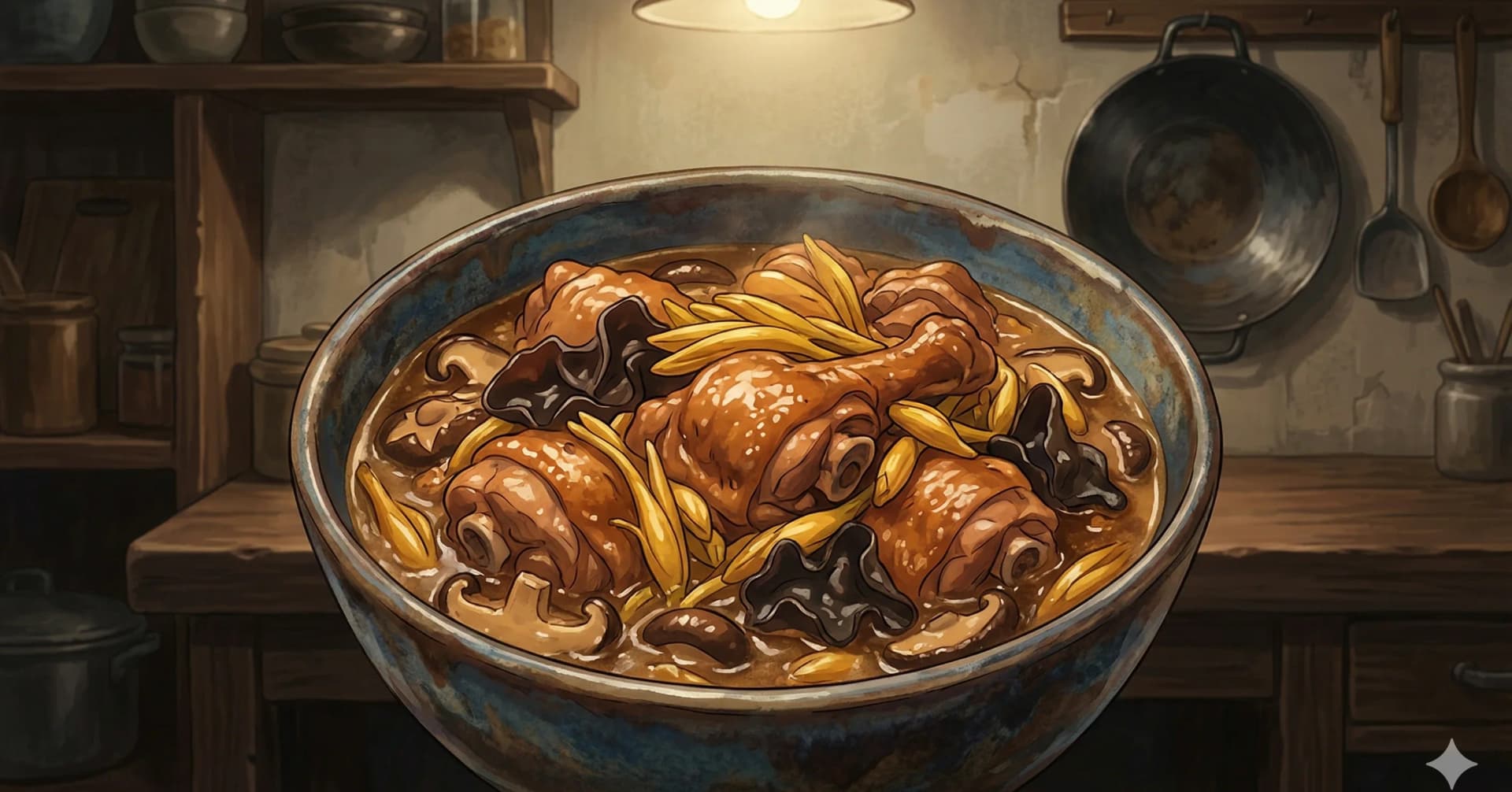 Pollo Estofado con Botones de Lirio y Hongos (Jin Zhen Yun Er Ji) — Un clásico de la cocina casera cantonesa donde el pollo con hueso se cocina a fuego lento con botones de lirio dorados, oreja de nube y shiitake en una salsa sabrosa