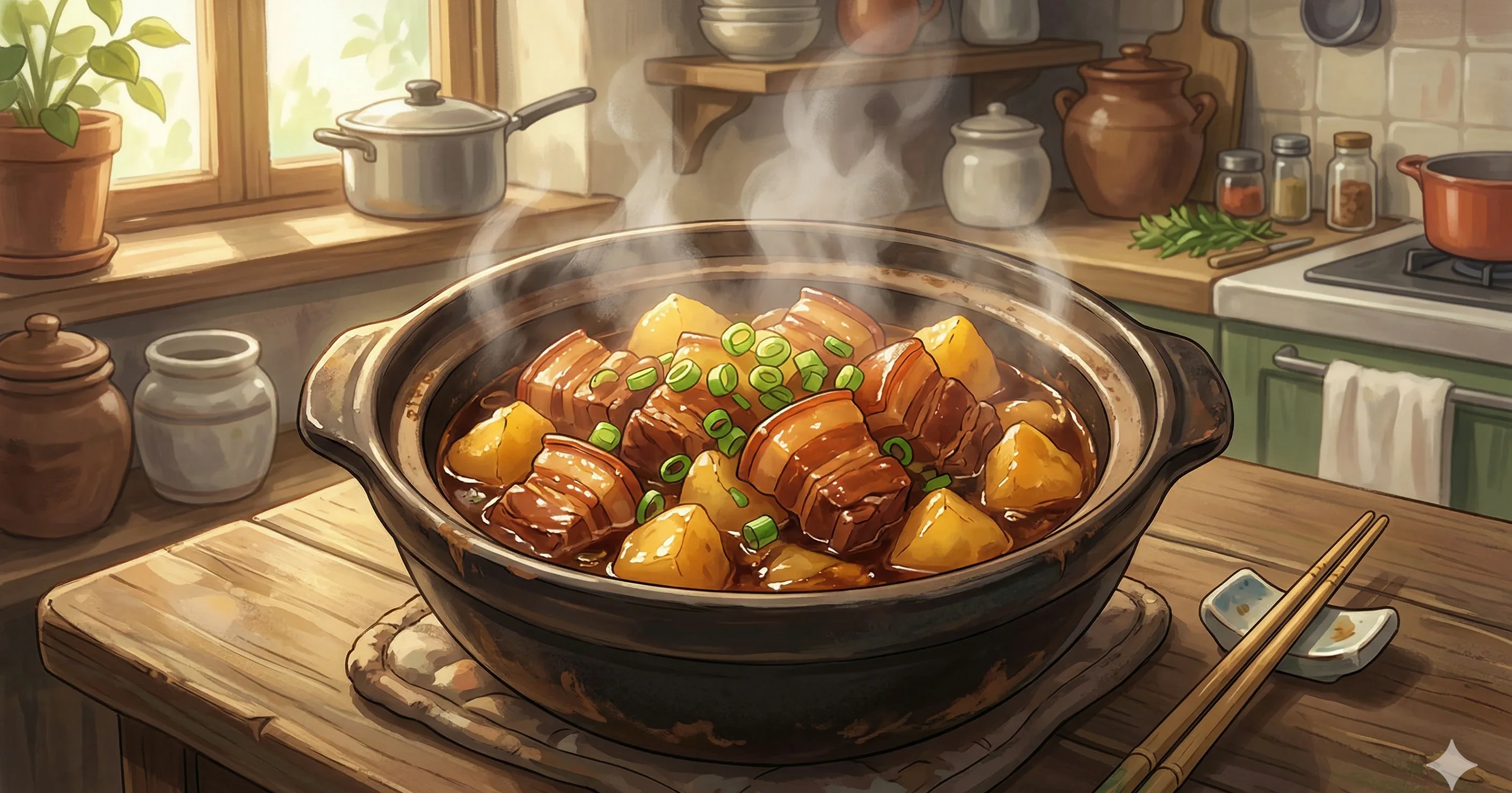 Cerdo Estofado con Papas (薯仔炆豬肉) — Panceta de cerdo y papas doradas en wok y luego estofadas en salsa de frijol molido, salsa de ostión y soya hasta quedar tiernas y melosas