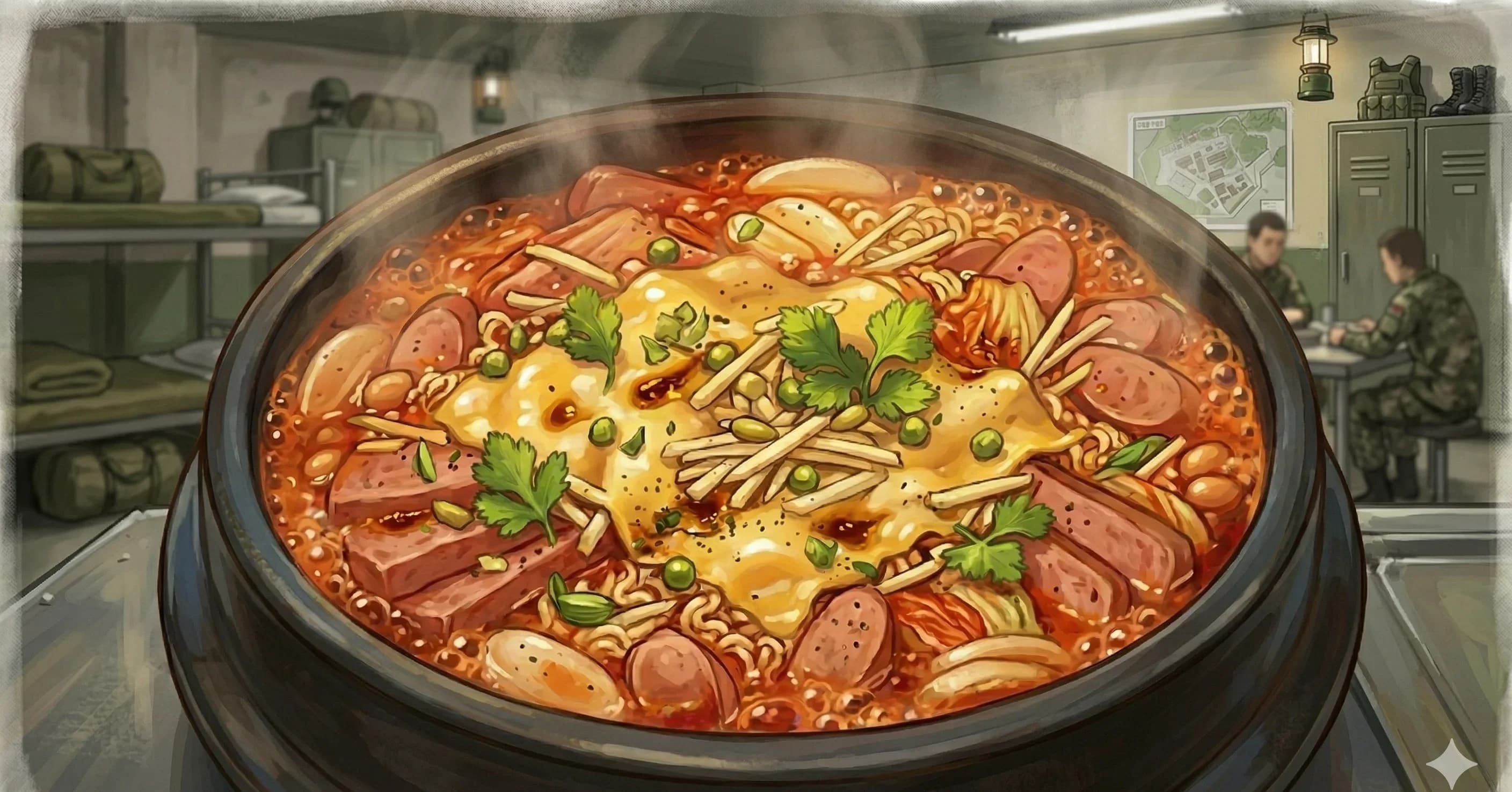 Budae Jjigae (Army Stew) — A hearty, spicy stew born from ingenuity, blending Korean flavors with American pantry staples