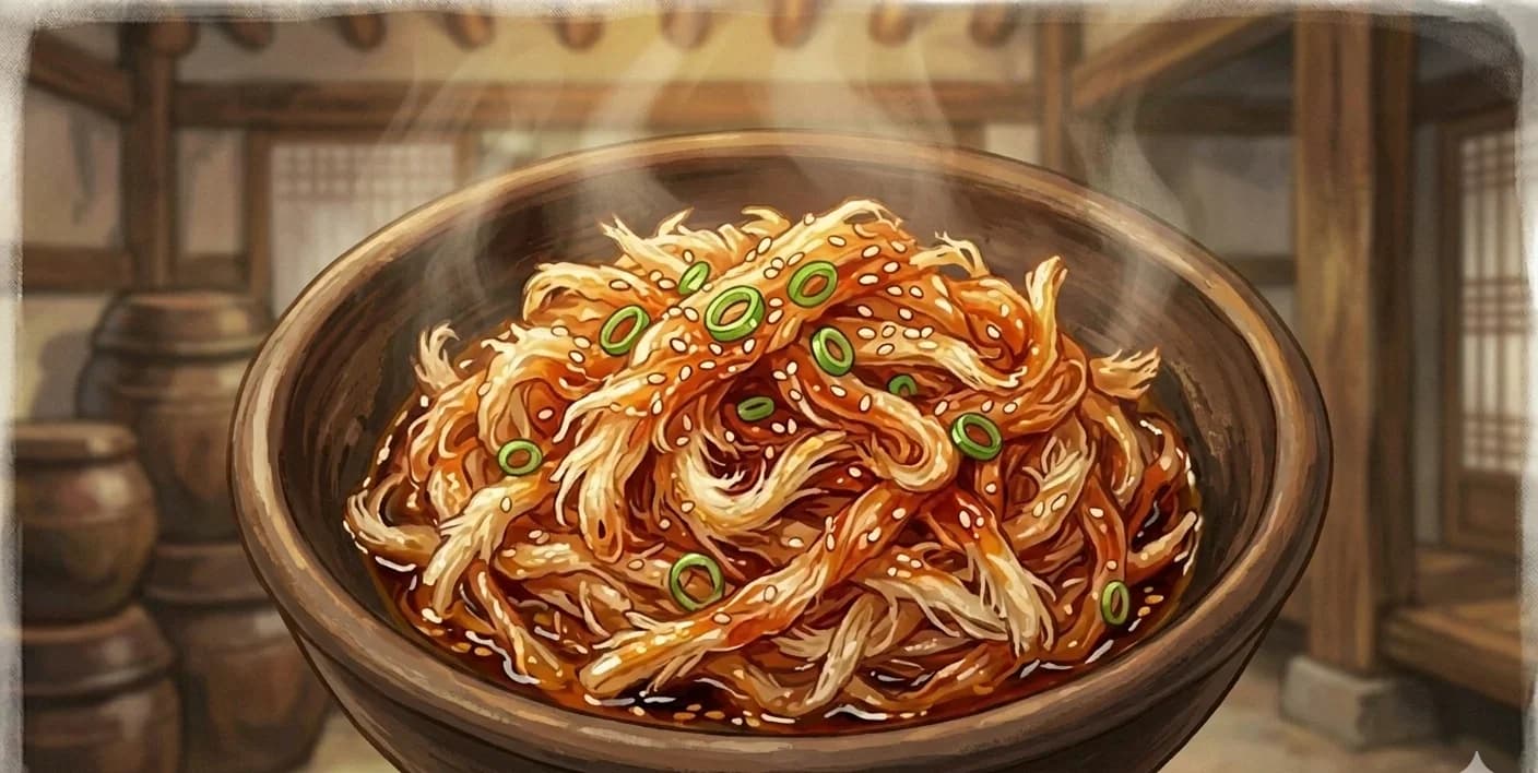 Spicy Dried Pollock (Bugeopo Gochujang-Muchim / 북어포 고추장무침) — Dried shredded pollock tossed in a sweet-spicy gochujang sauce with rice syrup, sesame oil, and garlic