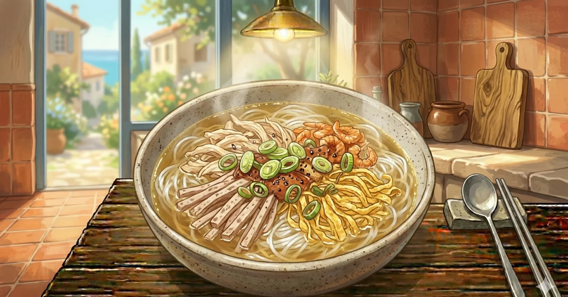 Hanoi Noodle Soup (Bún Thang) — Hanoi's composed chicken vermicelli soup with shredded poultry, egg crepe ribbons, Vietnamese pork roll, and dried shrimp in a clear, delicate broth