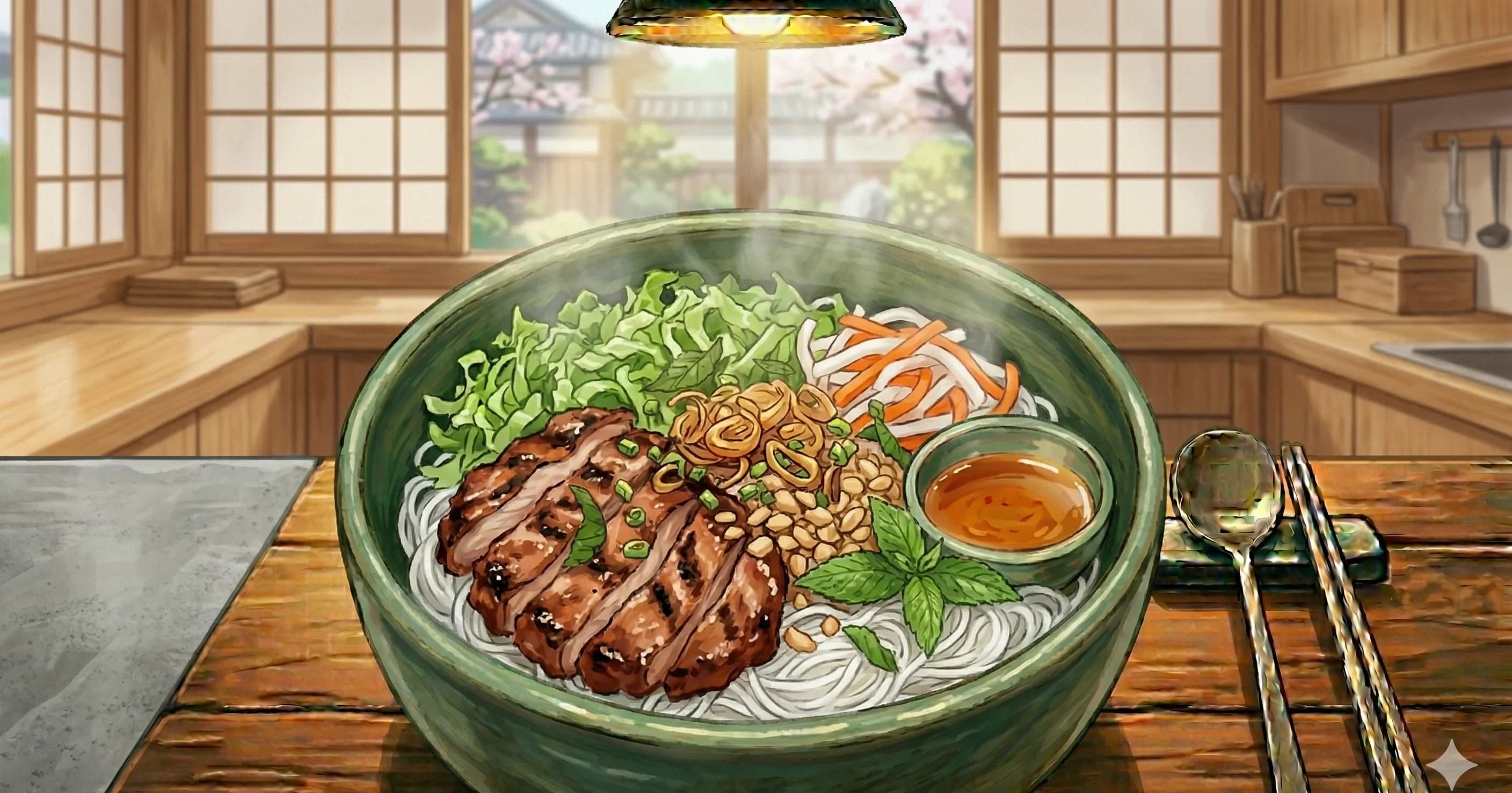 Bun Thit Nuong (Bún Thịt Nướng) — Cool rice vermicelli topped with chargrilled lemongrass pork, fresh herbs, pickled vegetables, and nuoc cham