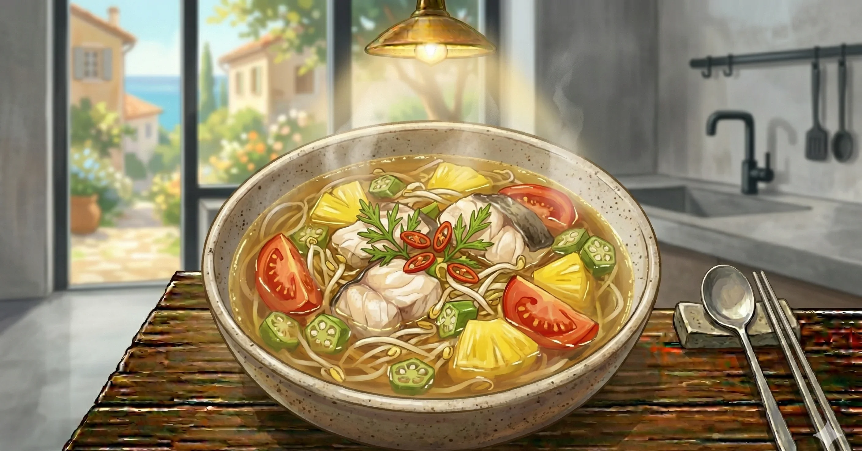 Canh Chua Cá (Vietnamese Sweet and Sour Fish Soup) — A tangy tamarind broth loaded with catfish, pineapple, tomatoes, okra, and bean sprouts, finished with fried garlic and handfuls of fresh herbs