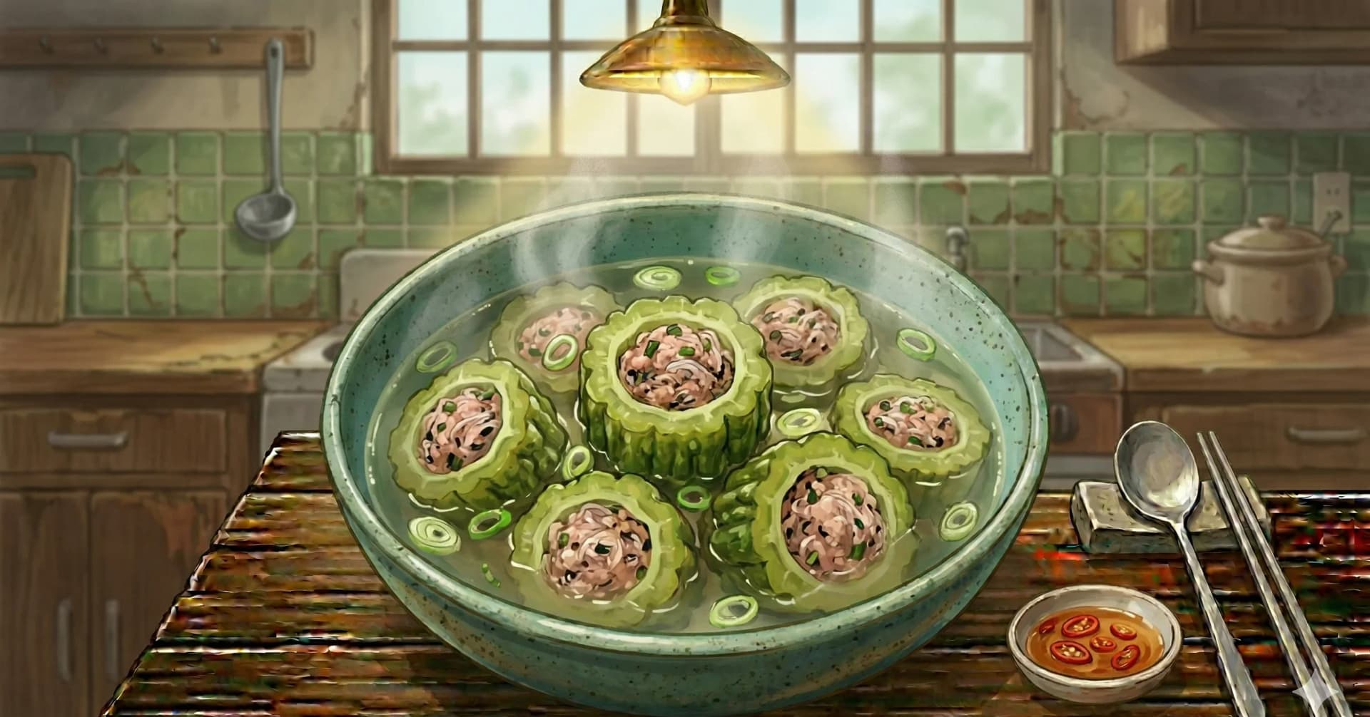 Canh Khổ Qua (Vietnamese Stuffed Bitter Melon Soup) — Rings of jade-green bitter melon stuffed with a pork and glass noodle filling, simmered in a clean pork broth until tender and faintly sweet