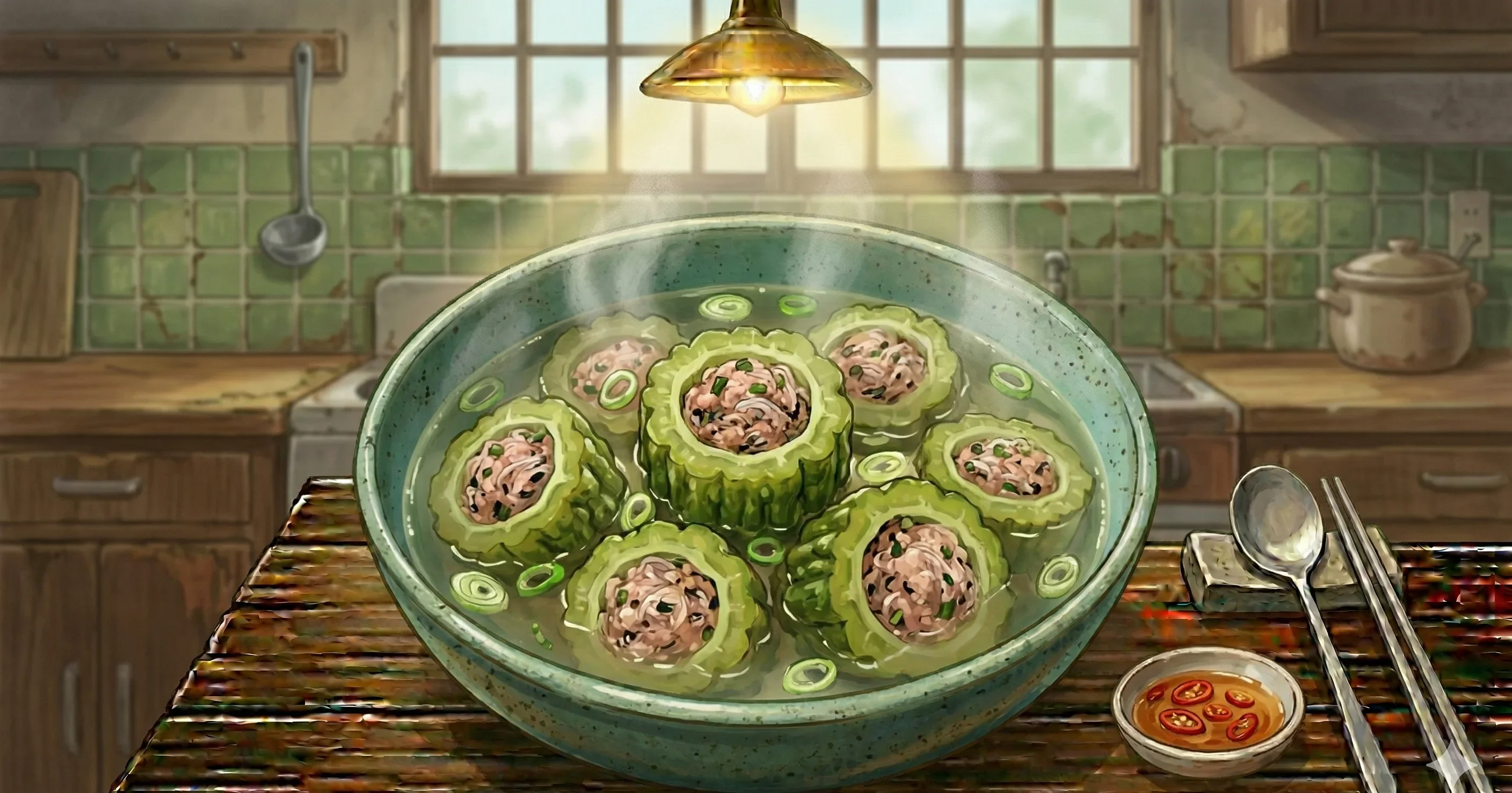 Canh Khổ Qua (Vietnamese Stuffed Bitter Melon Soup) — Rings of jade-green bitter melon stuffed with a pork and glass noodle filling, simmered in a clean pork broth until tender and faintly sweet