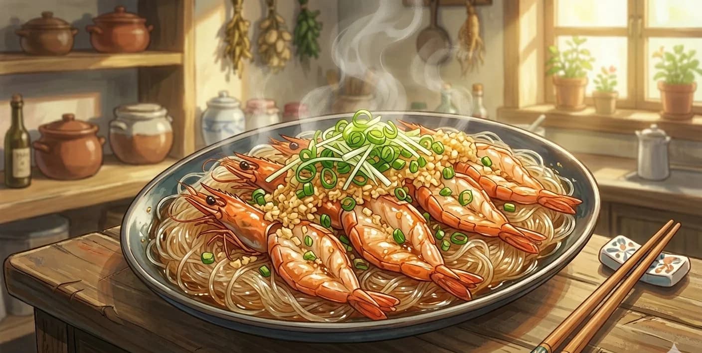 Suan Rong Zheng Xia (Camarones al Vapor con Ajo al Estilo Cantonés) — Camarones con cáscara al vapor sobre fideos de vidrio con una generosa cobertura de aceite con ajo y salsa de soja