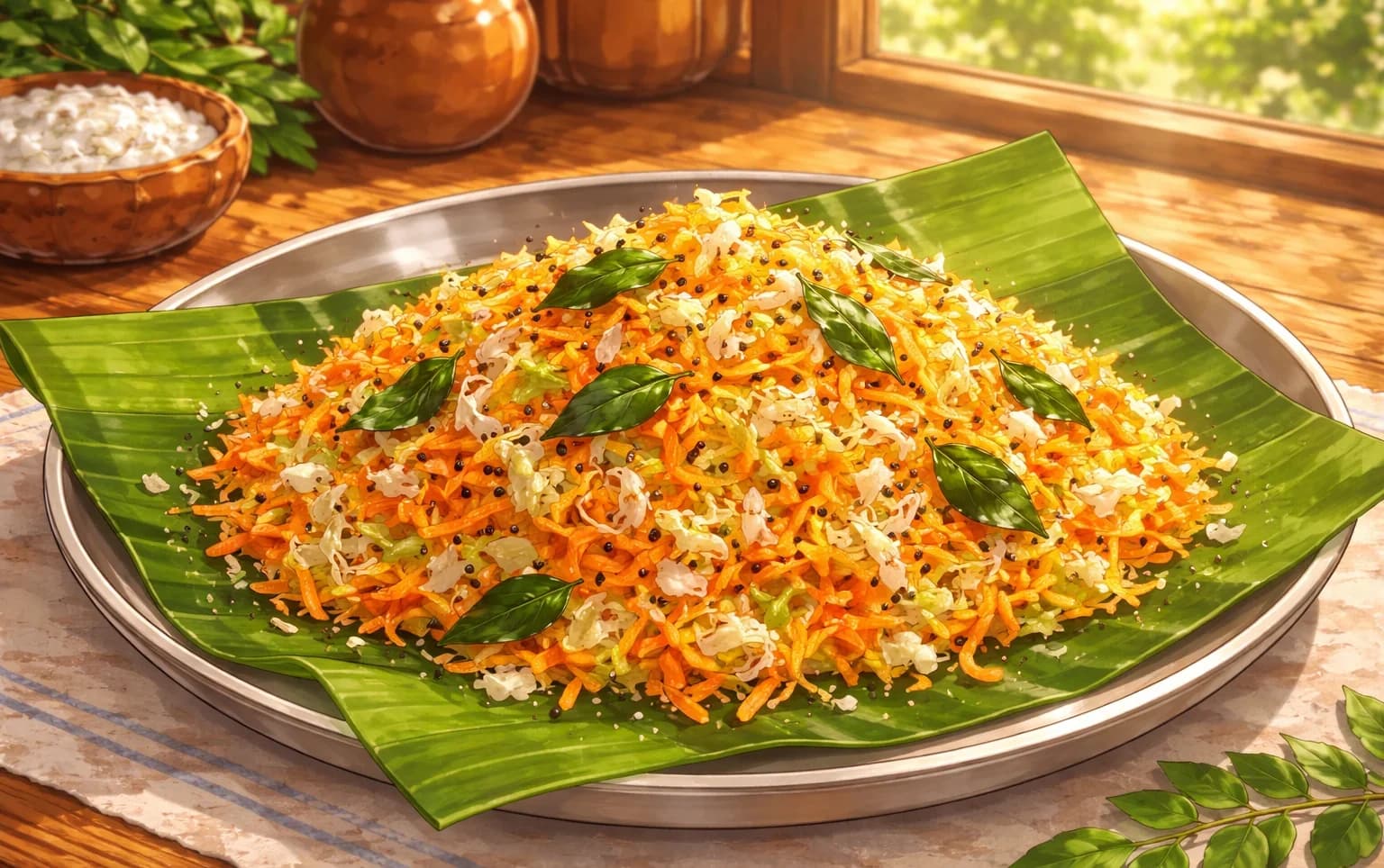 Carrot and Cabbage Thoran — Kerala dry stir-fry with grated coconut, mustard seeds and curry leaves — light, bright and ready in minutes