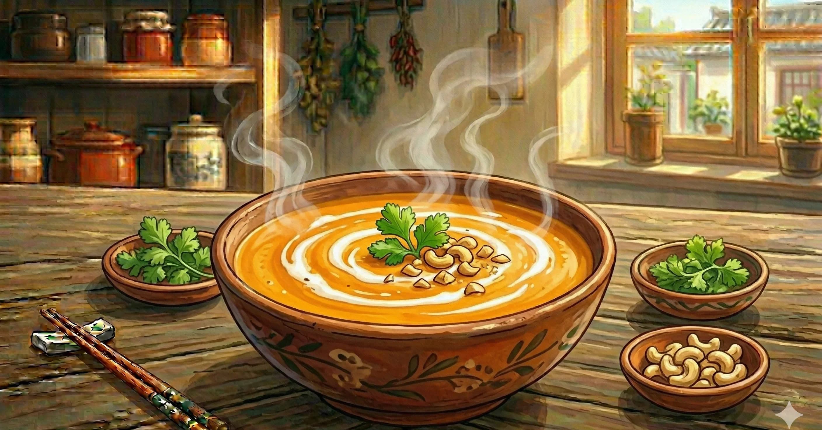 Carrot Ginger Soup — A silky, golden soup of slow-simmered carrots with ginger, turmeric, and coconut milk, finished with a squeeze of lime