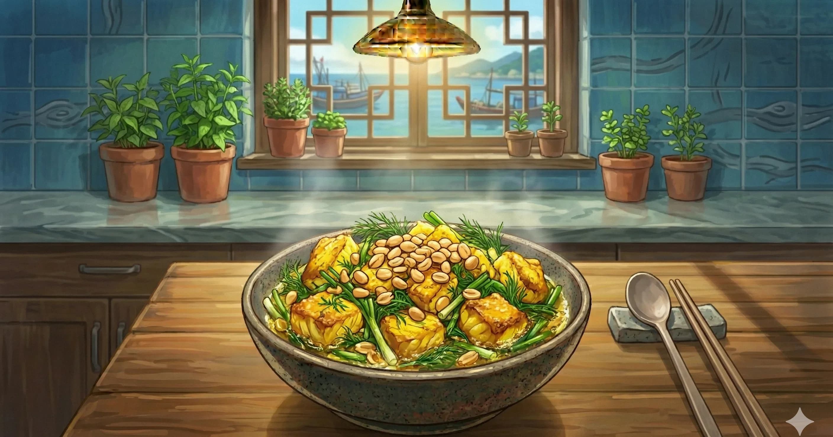 Cha Ca La Vong (Hanoi Turmeric Fish with Dill) — Golden turmeric-marinated fish seared with clouds of fresh dill and green onions, served over rice noodles with roasted peanuts and fermented shrimp dipping sauce