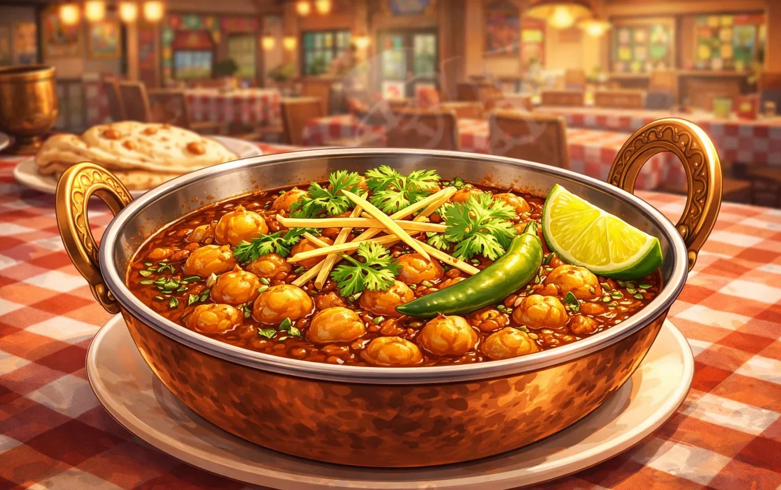 Chana Masala — Chickpeas braised in a dark, tangy masala with tea-stained depth