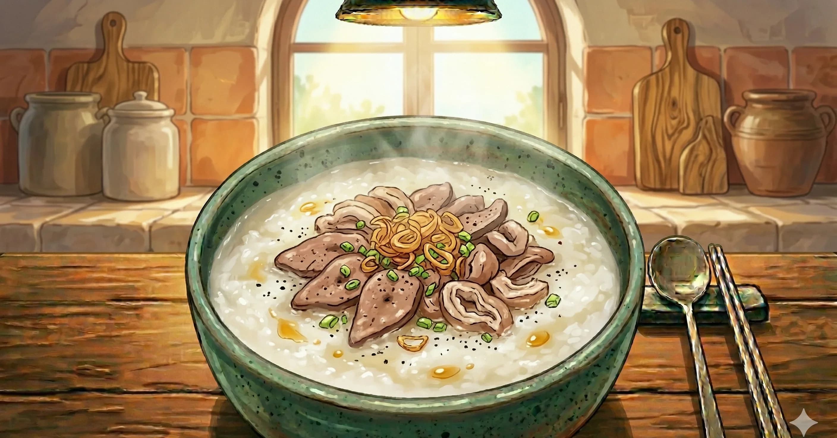 Cháo Lòng (Vietnamese Pork Organ Rice Porridge) — A dark, silky rice porridge crowned with tender sliced offal, blood sausage, and fried shallots, served alongside sweet ginger fish sauce for dipping