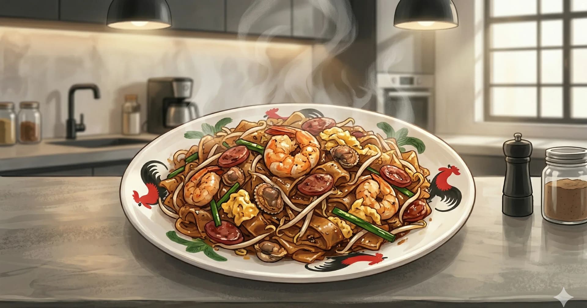 Char Kway Teow (炒粿條) — Smoky wok-fried flat rice noodles with prawns, cockles, lap cheong, and chives in dark soy