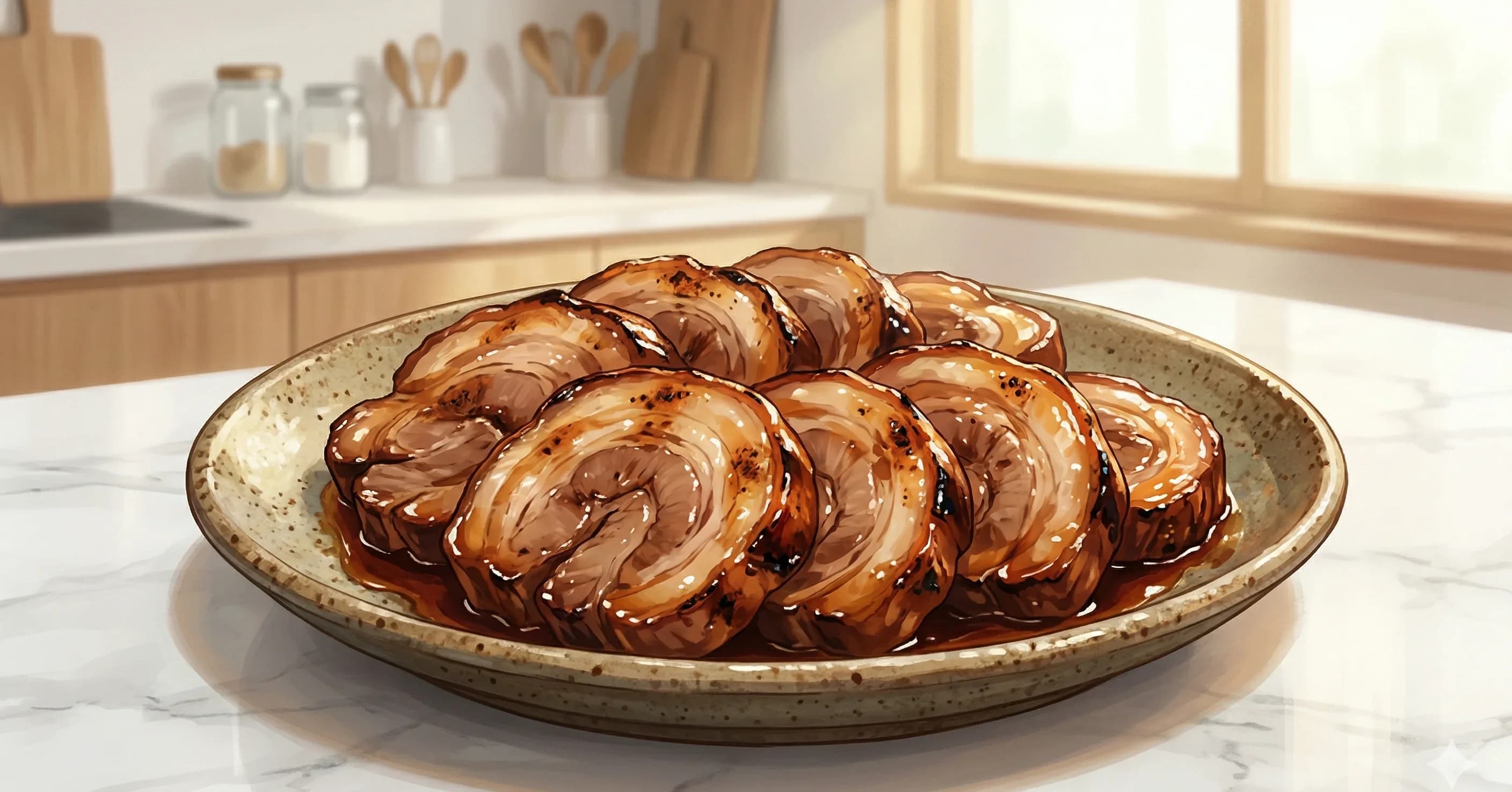Chashu Pork (チャーシュー) — Pork belly simmered low and slow in soy sauce, sake, ginger, and garlic until meltingly tender, the essential ramen topping