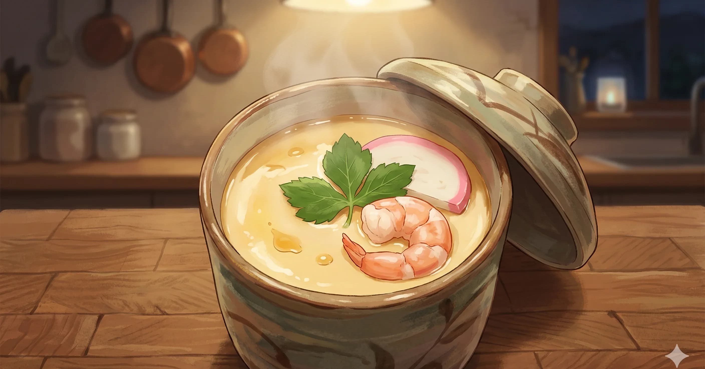 Chawanmushi (Japanese Savory Steamed Egg Custard) — A delicate steamed custard of dashi and egg, hiding small treasures of chicken, mushroom, and fish cake beneath its trembling surface