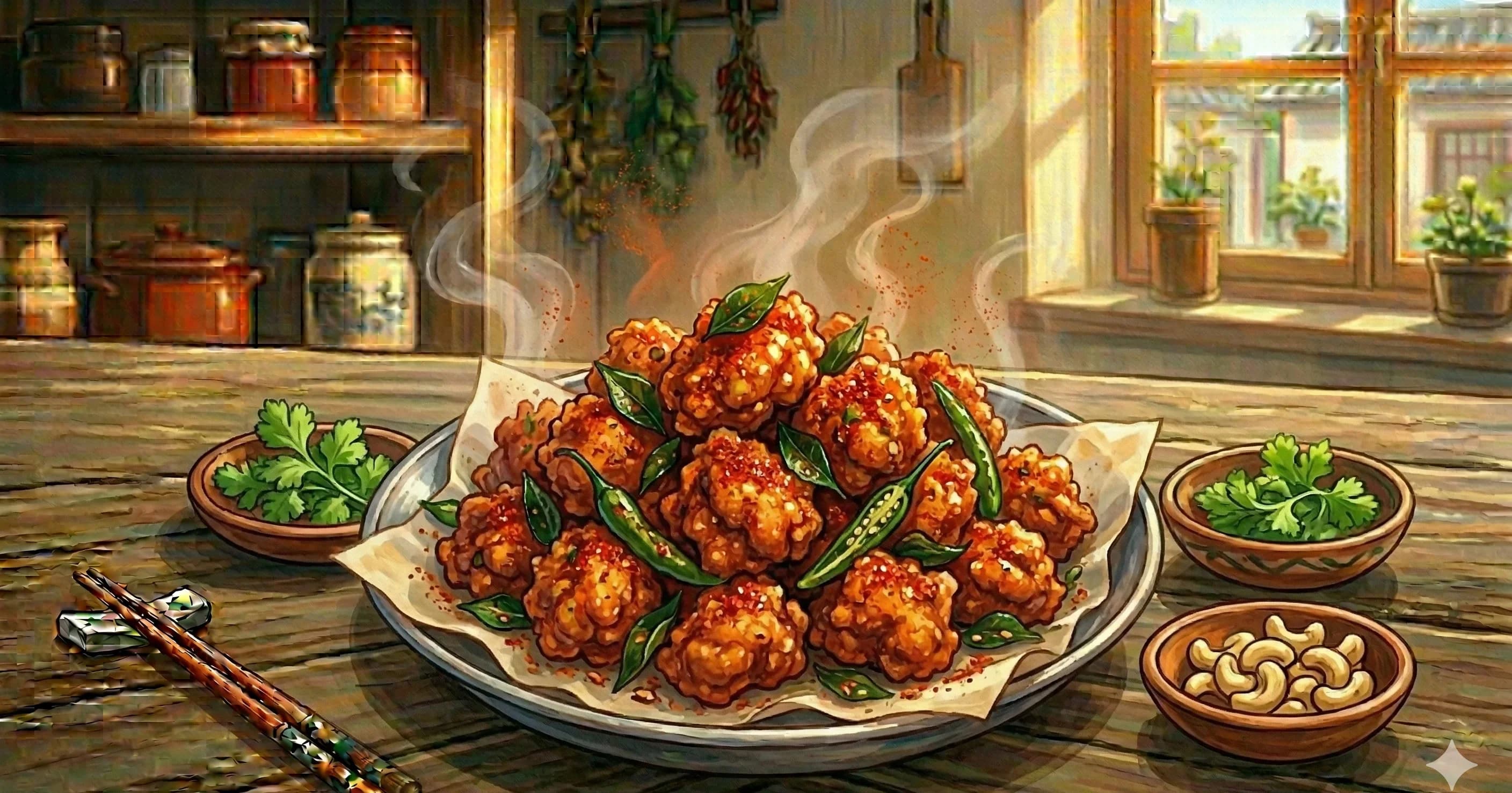 Chicken 65 — Chennai's famous deep-fried chicken tossed in a crackling tempering of curry leaves, mustard seeds, green chilies, and garlic
