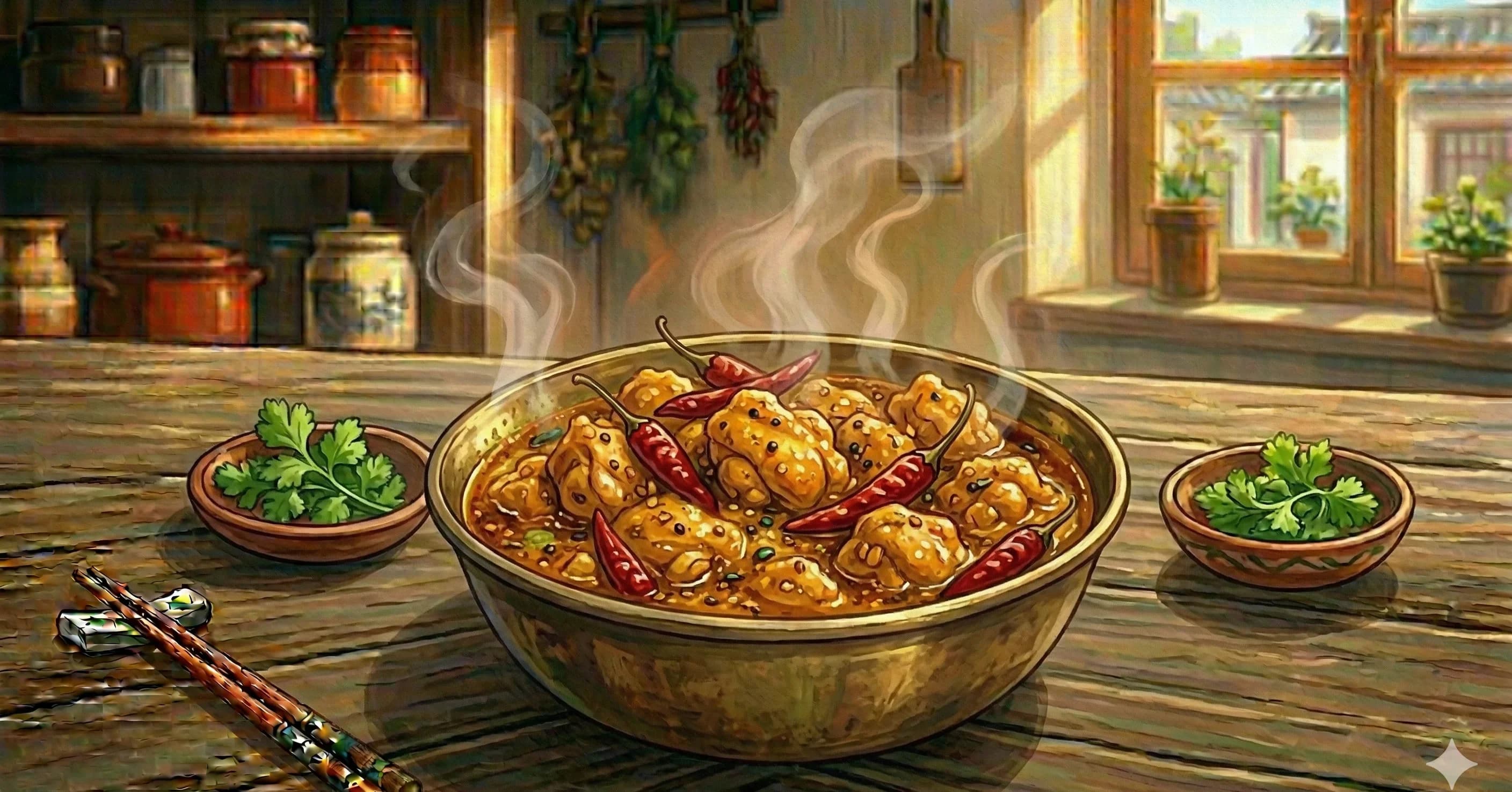 Chicken Achar — Pickle-spiced chicken braised in smoked mustard oil with fenugreek seeds and vinegar, the Punjabi dish that turns condiment logic into a main course